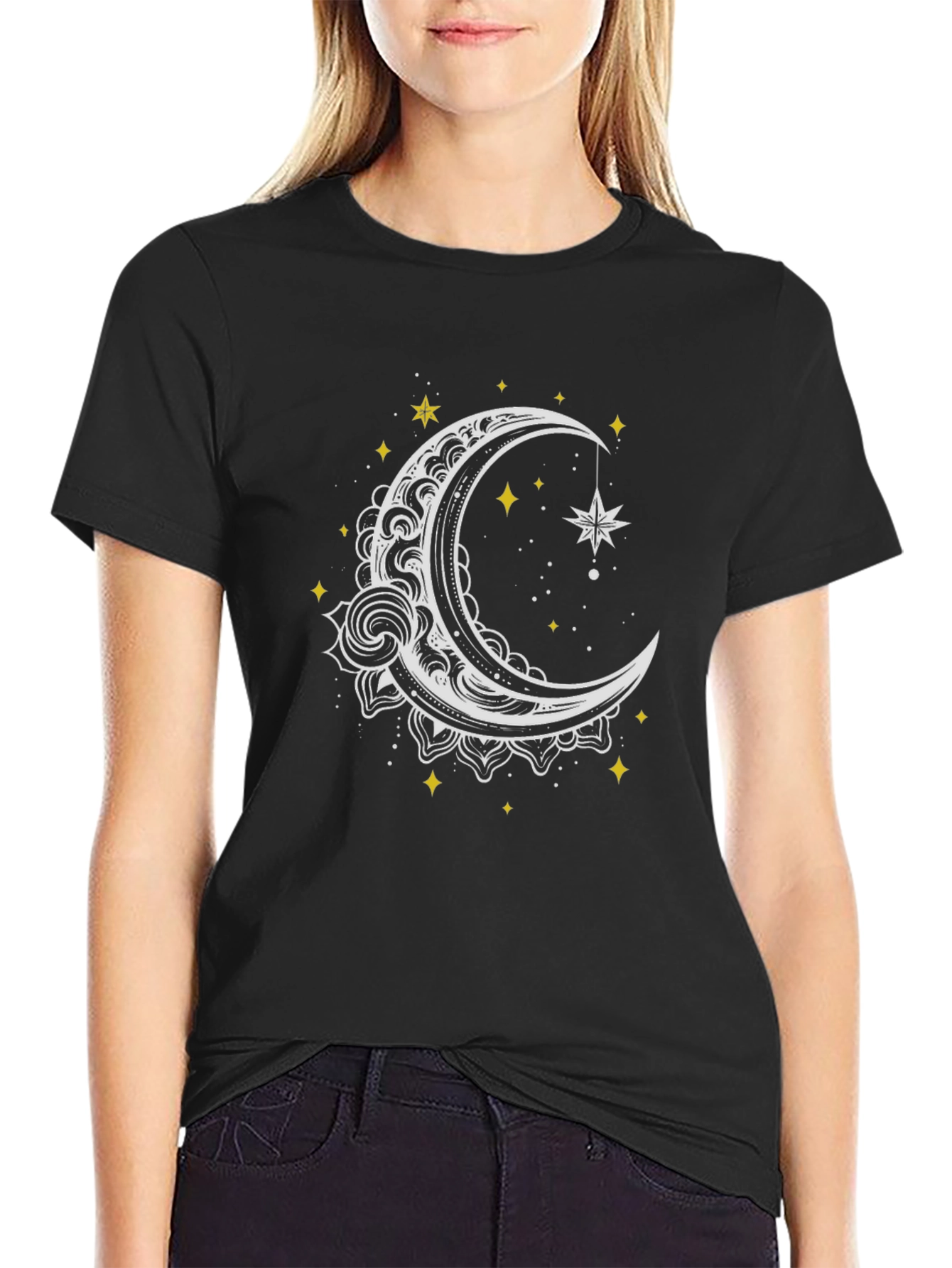 Celestial Moon and Star Graphic Tee - Black