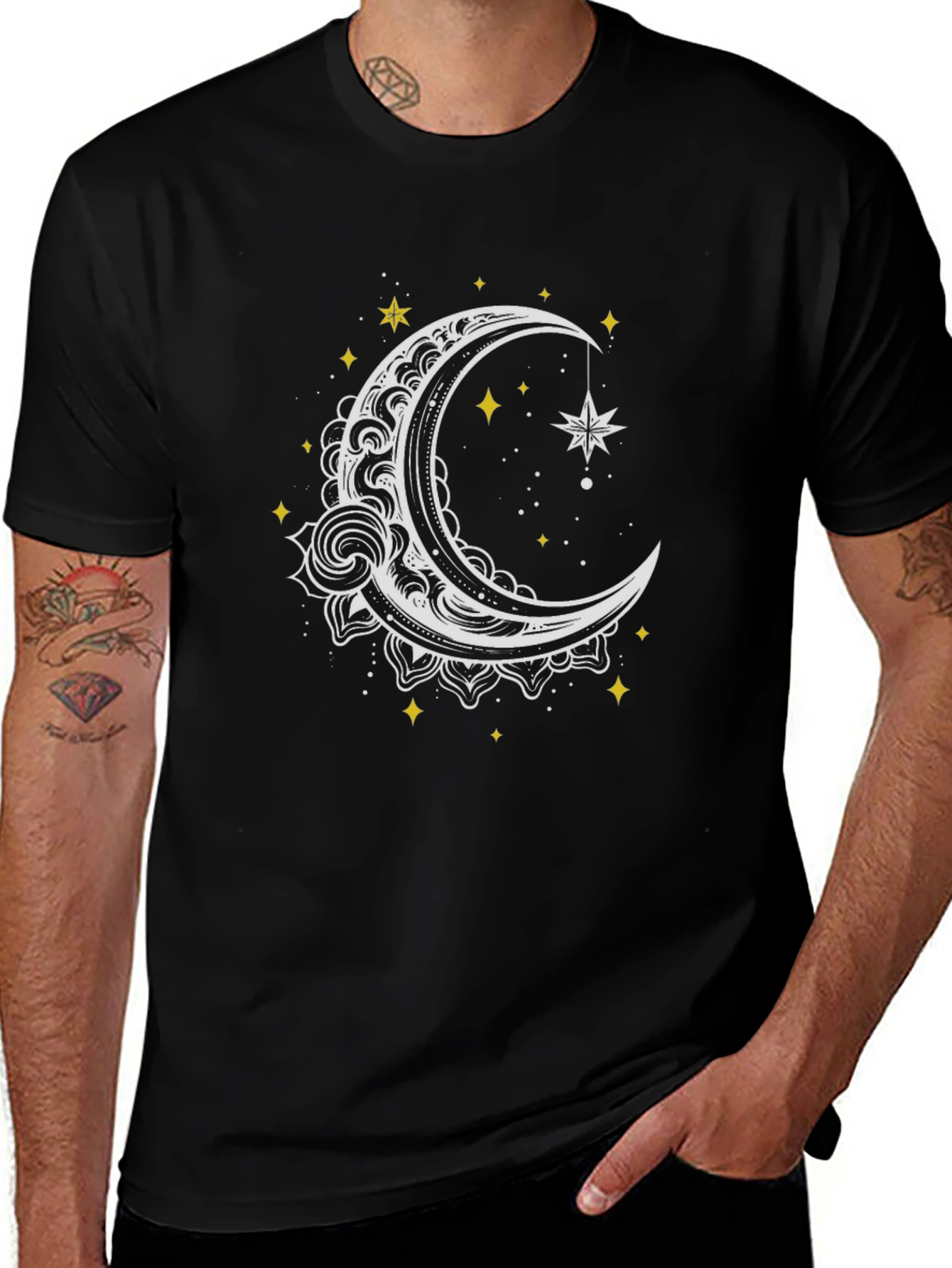 Celestial Moon and Star Graphic Tee - Black