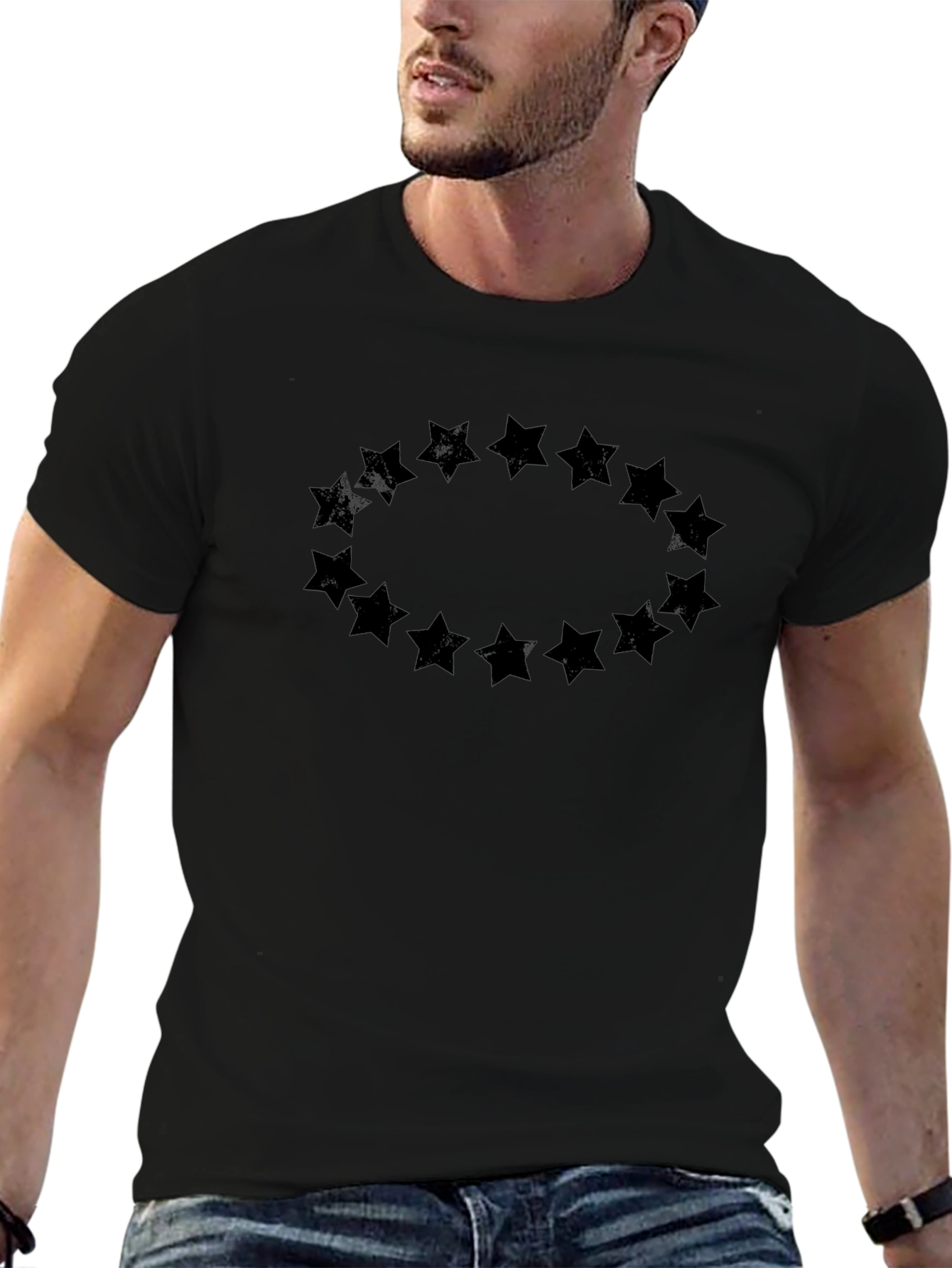 Mens Black T-Shirt with Star Circle Design