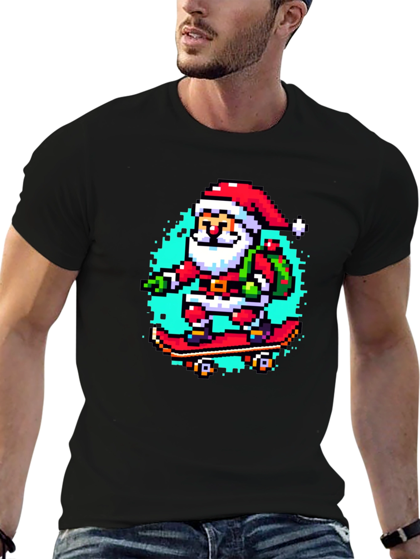 Skateboarding Santa Pixel Art Tee