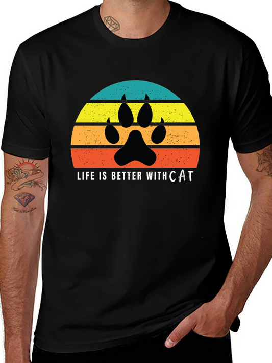 Life is Better with Cat T-Shirt - Retro Sunset Design