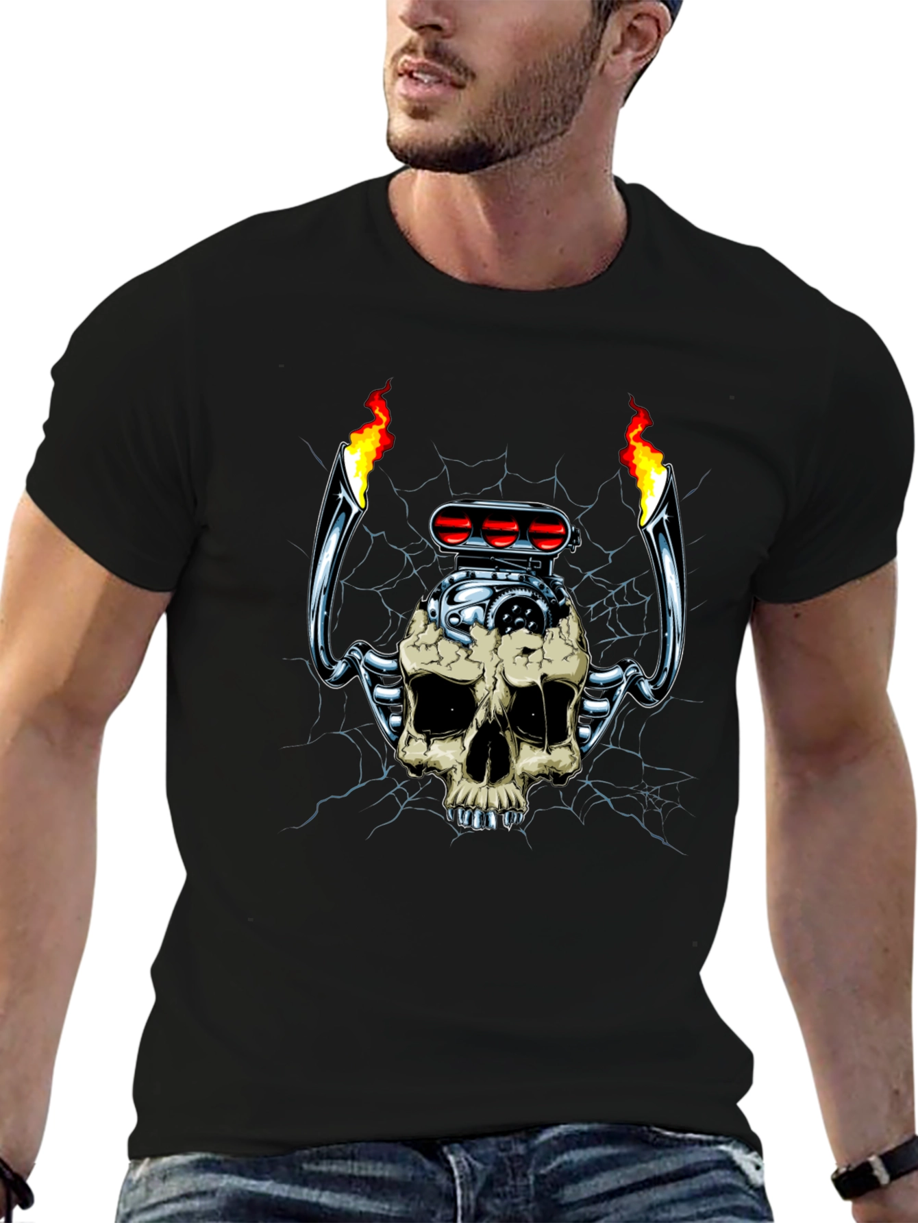 Skull Engine T-Shirt: Flaming Hot Rod Style