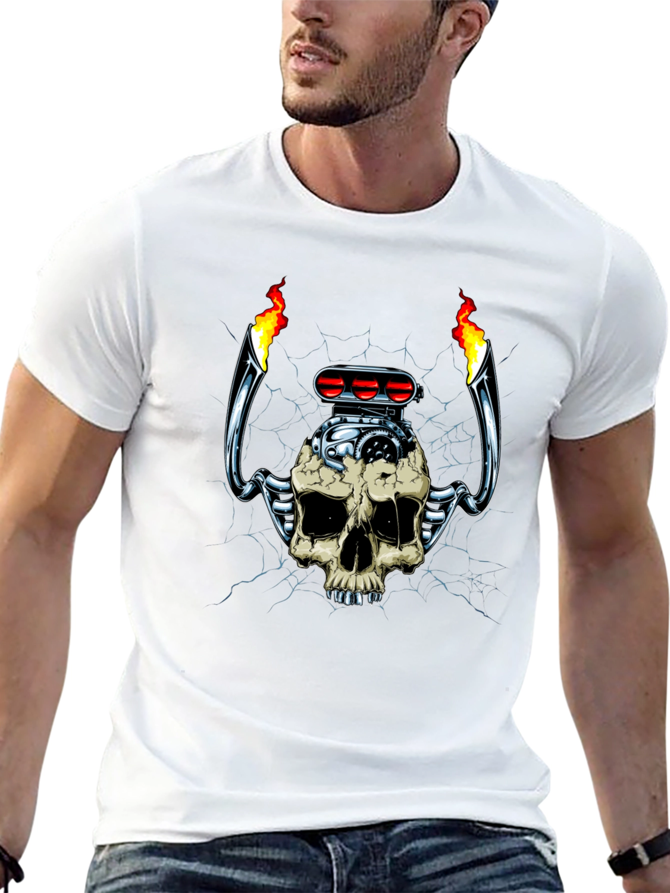 Skull Engine T-Shirt: Flaming Hot Rod Style