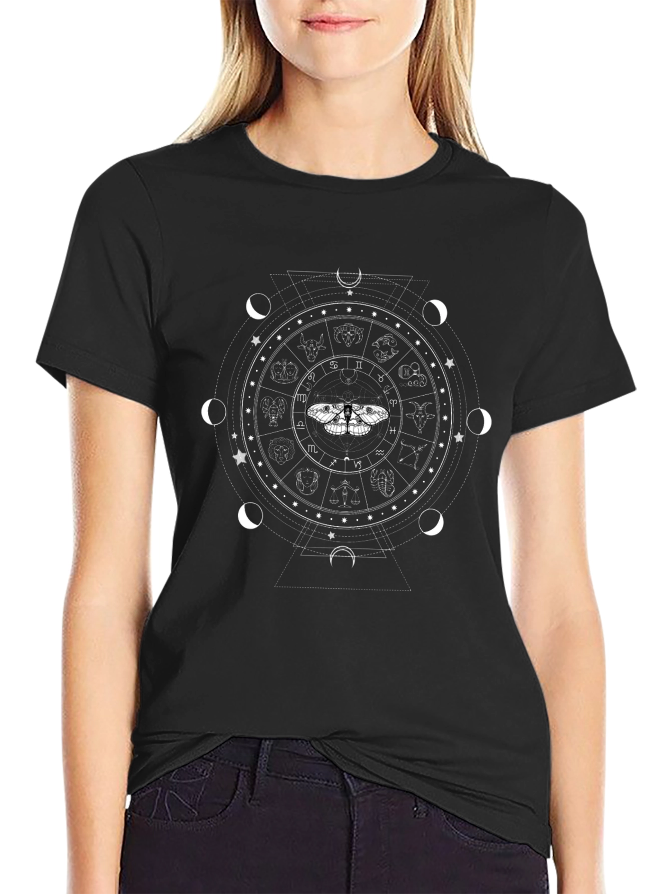 Celestial Zodiac Moth Graphic Tee - Black