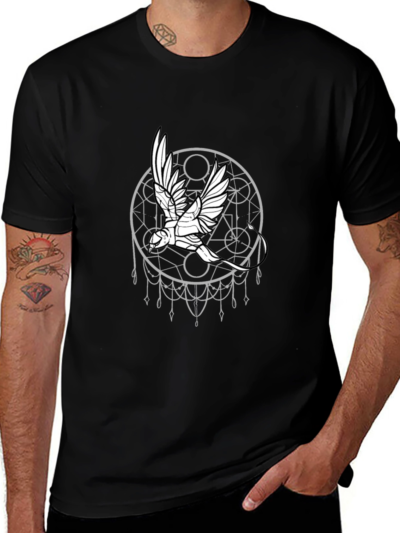 Geometric Bird Graphic Black T-Shirt