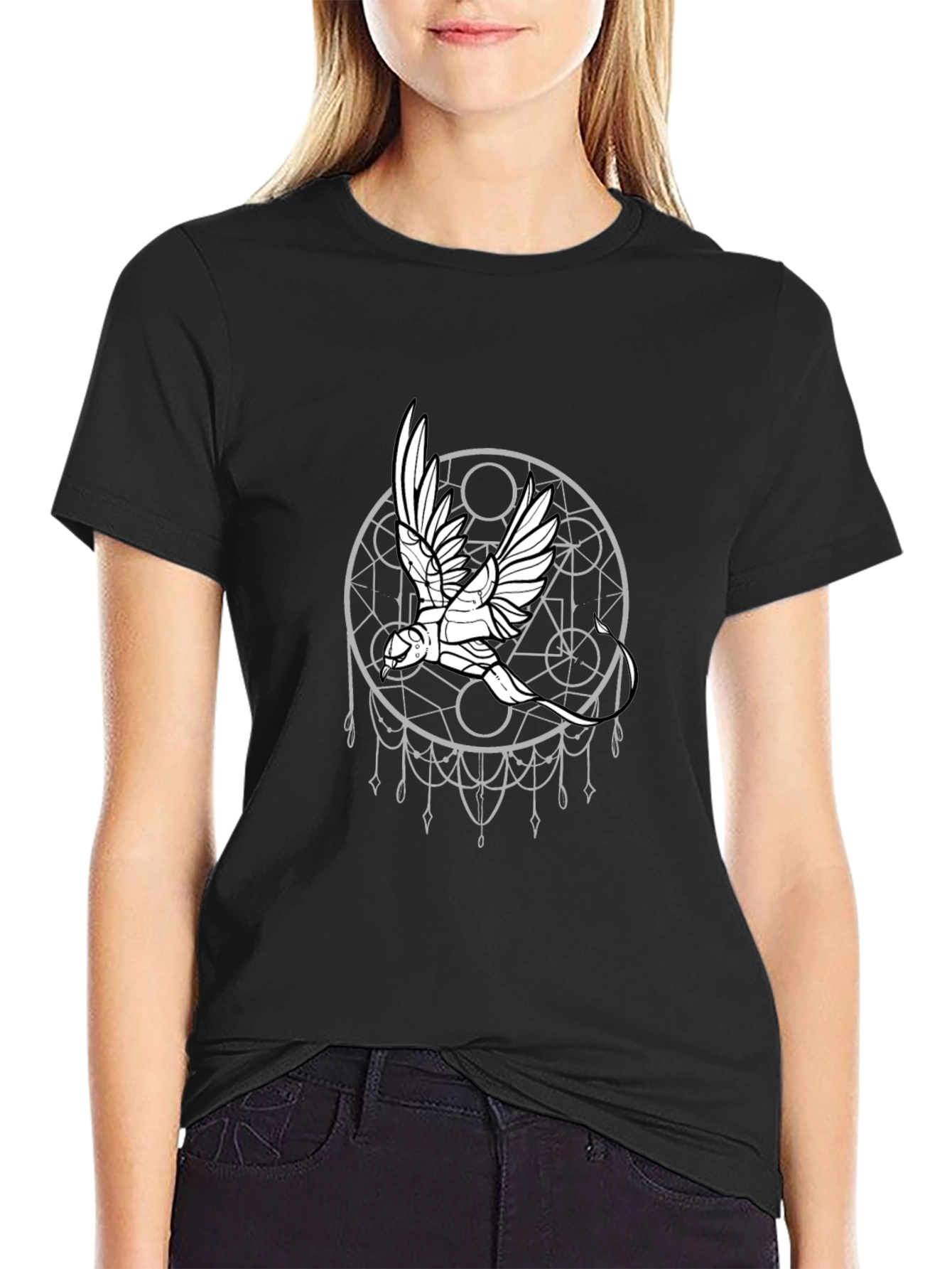 Geometric Bird Graphic Black T-Shirt