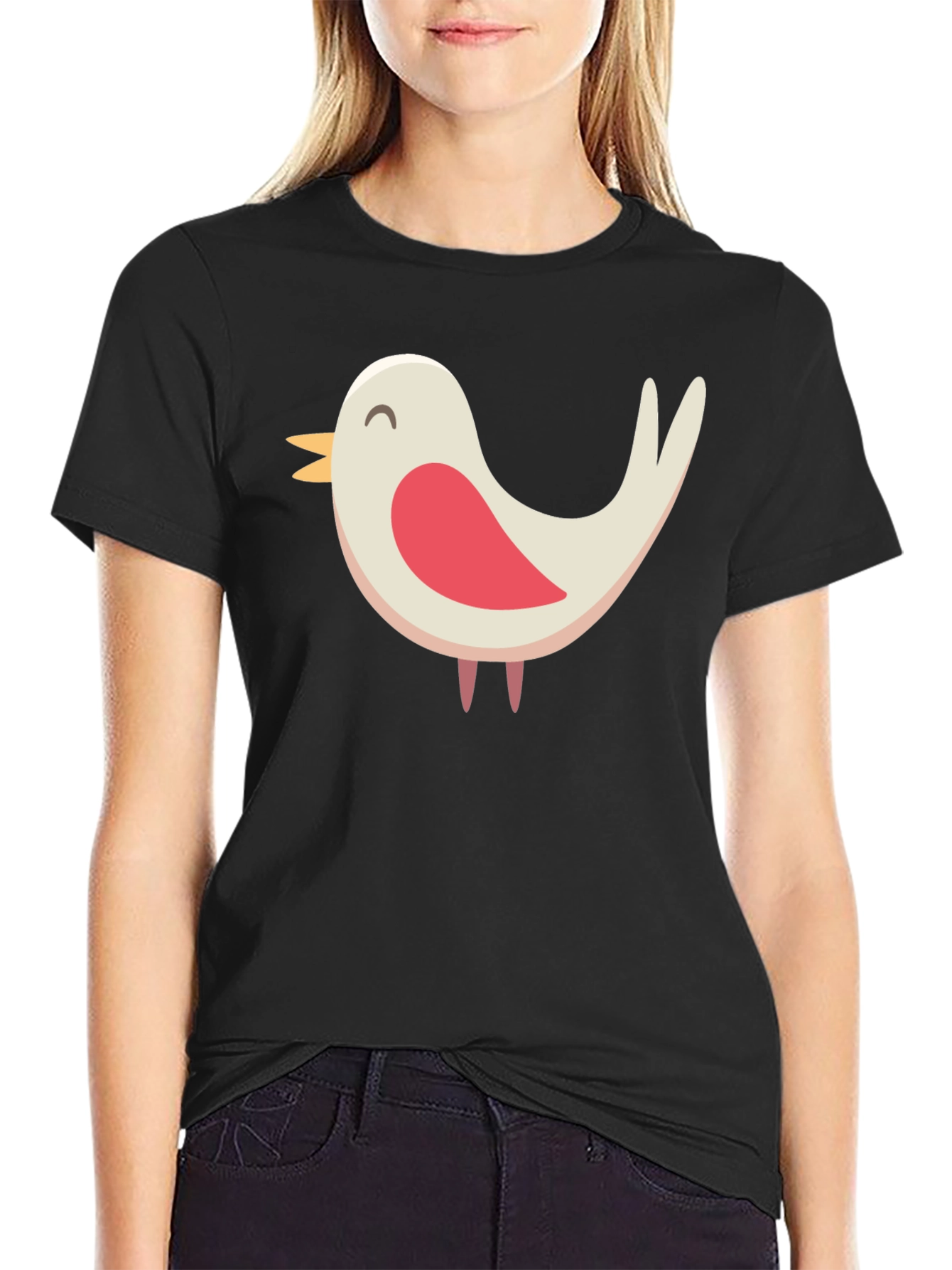 Cute Bird Graphic Tee - Black Cotton Blend Shirt