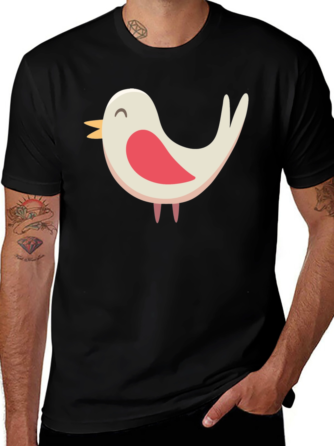 Cute Bird Graphic Tee - Black Cotton Blend Shirt