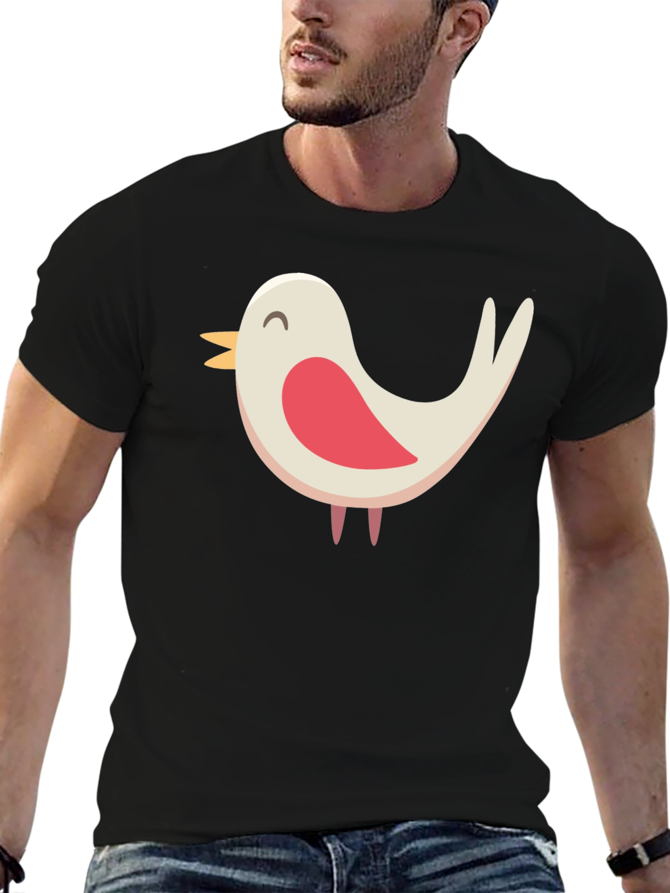 Cute Bird Graphic Tee - Black Cotton Blend Shirt