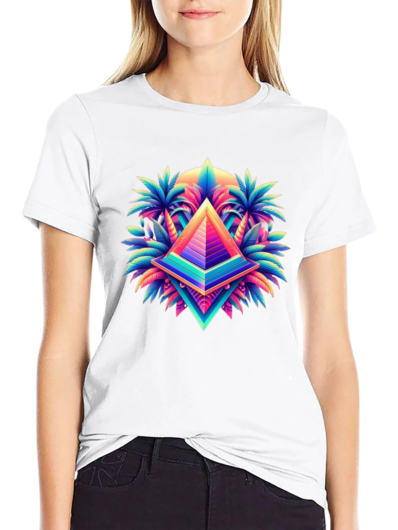 Vaporwave Pyramid Palm Tree Graphic T-Shirt