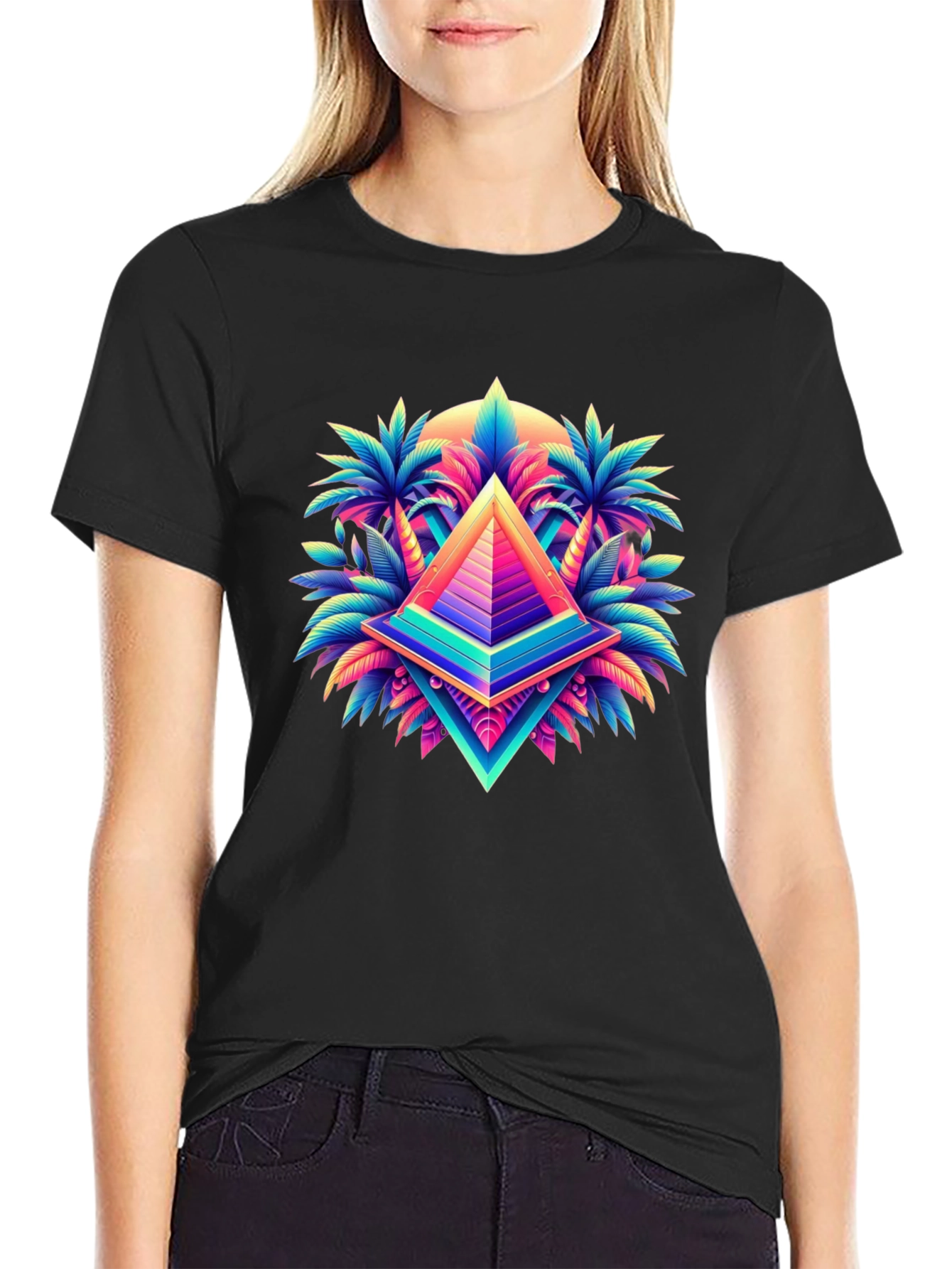 Vaporwave Pyramid Palm Tree Graphic T-Shirt