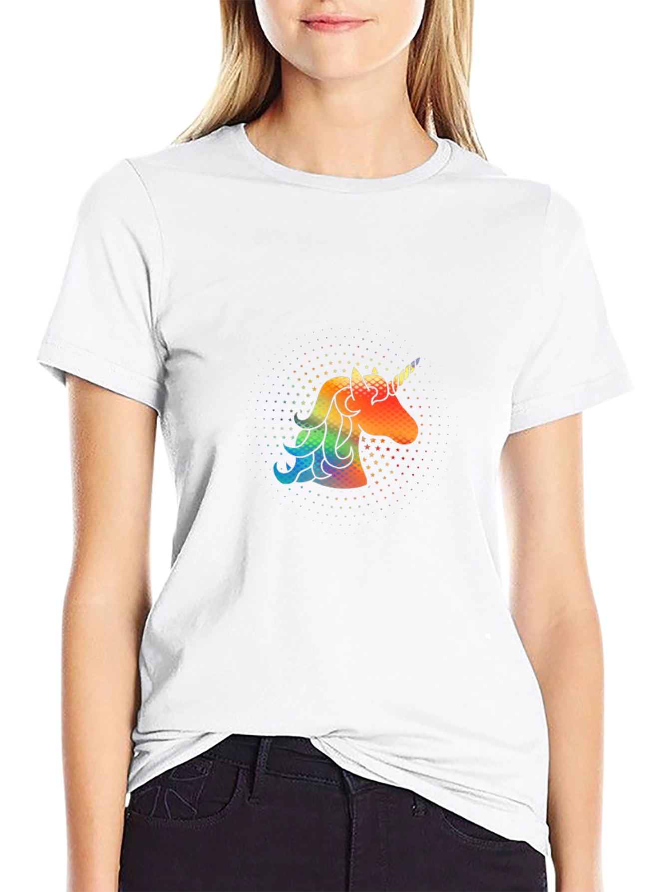 Rainbow Unicorn Graphic Print Black T-Shirt