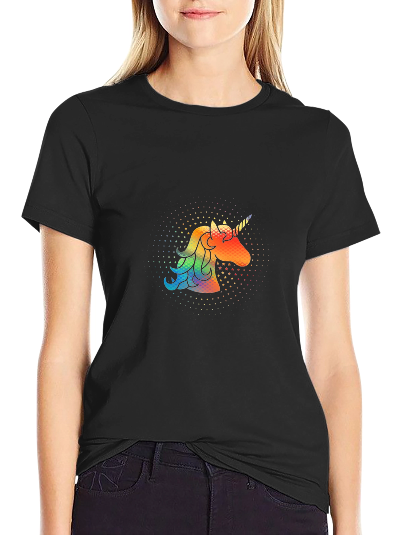 Rainbow Unicorn Graphic Print Black T-Shirt