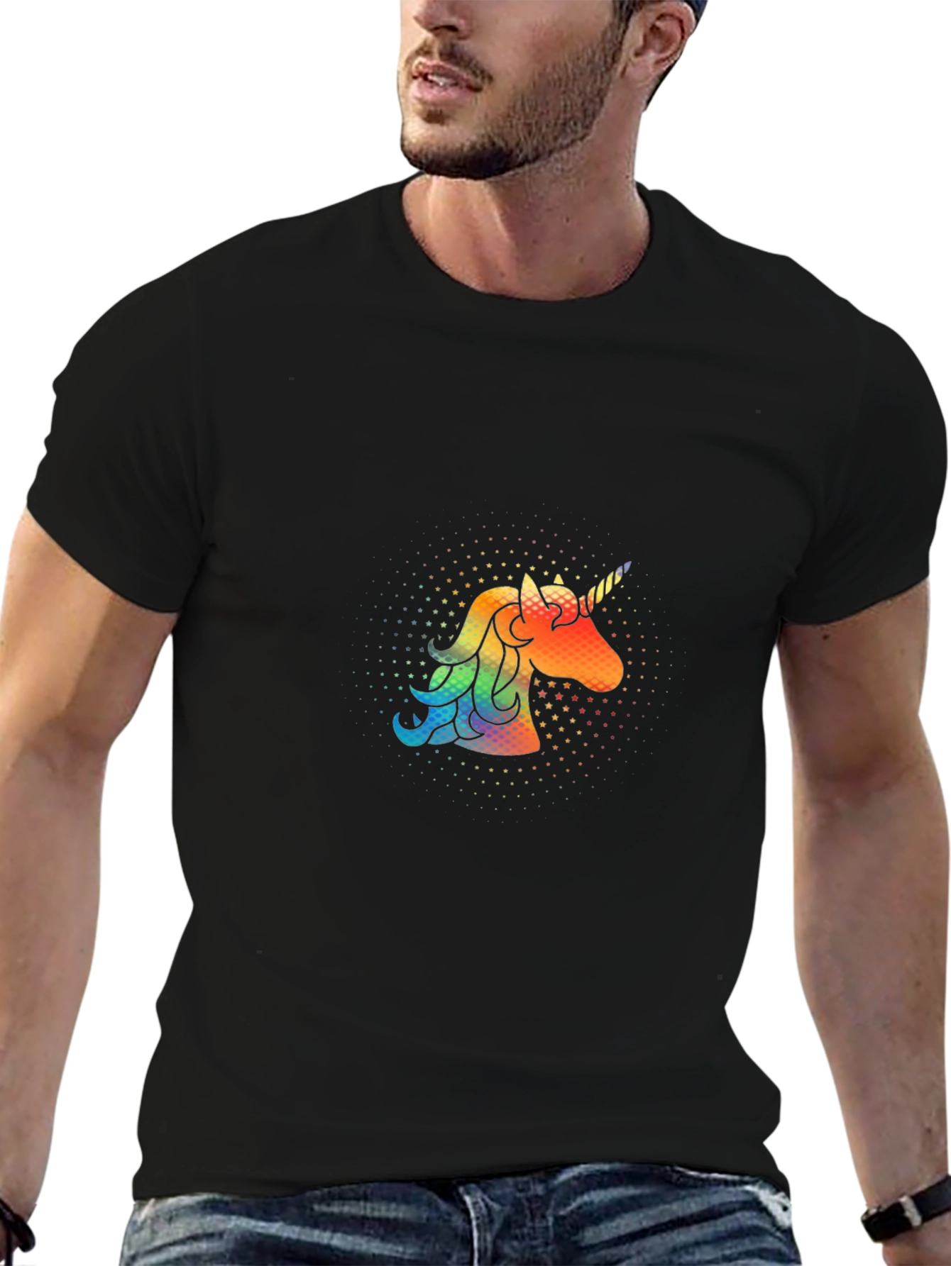 Rainbow Unicorn Graphic Print Black T-Shirt