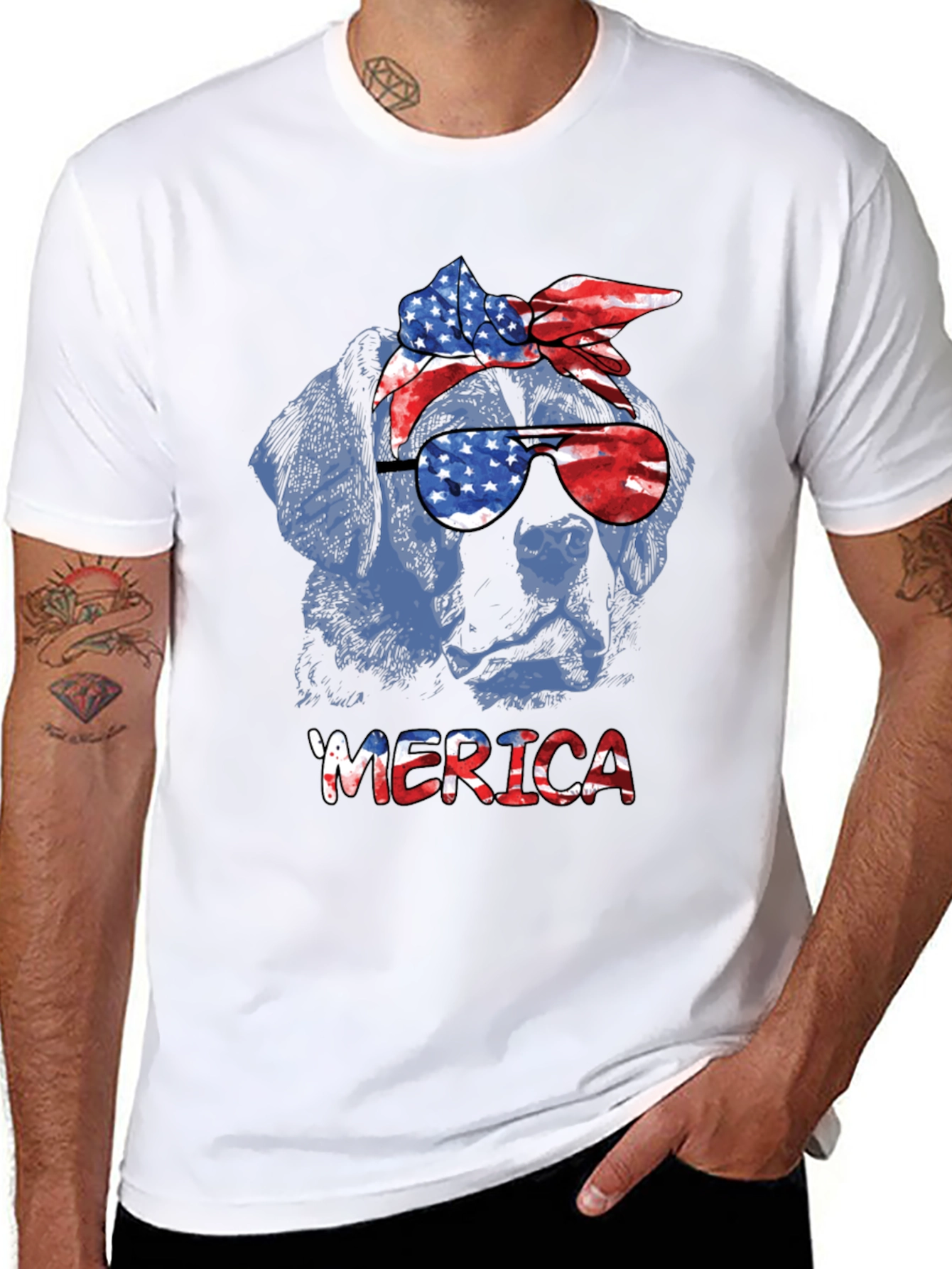 Patriotic Dog T-Shirt - American Flag Bandana & Glasses