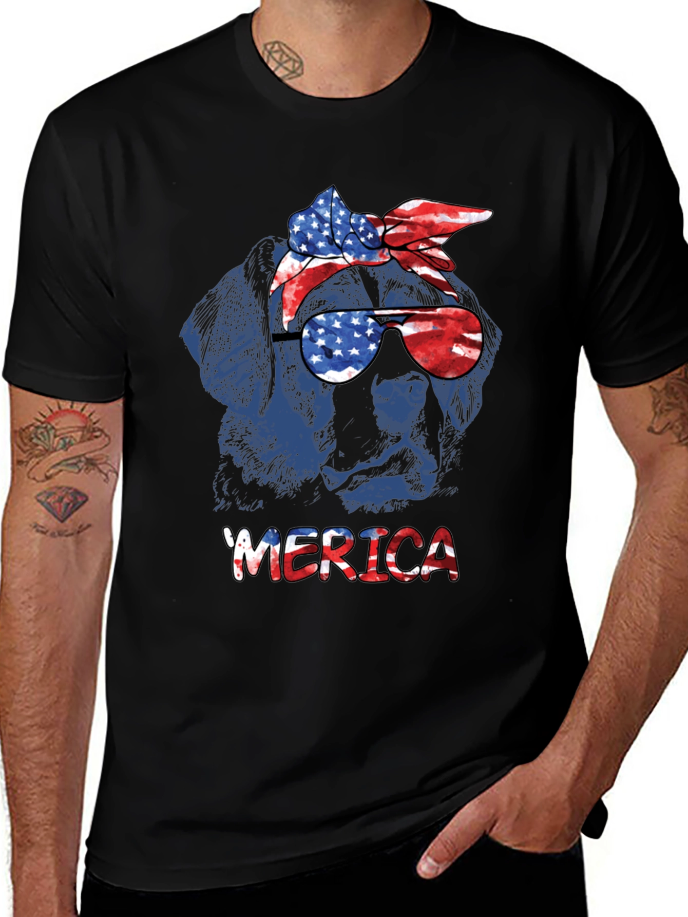 Patriotic Dog T-Shirt - American Flag Bandana & Glasses