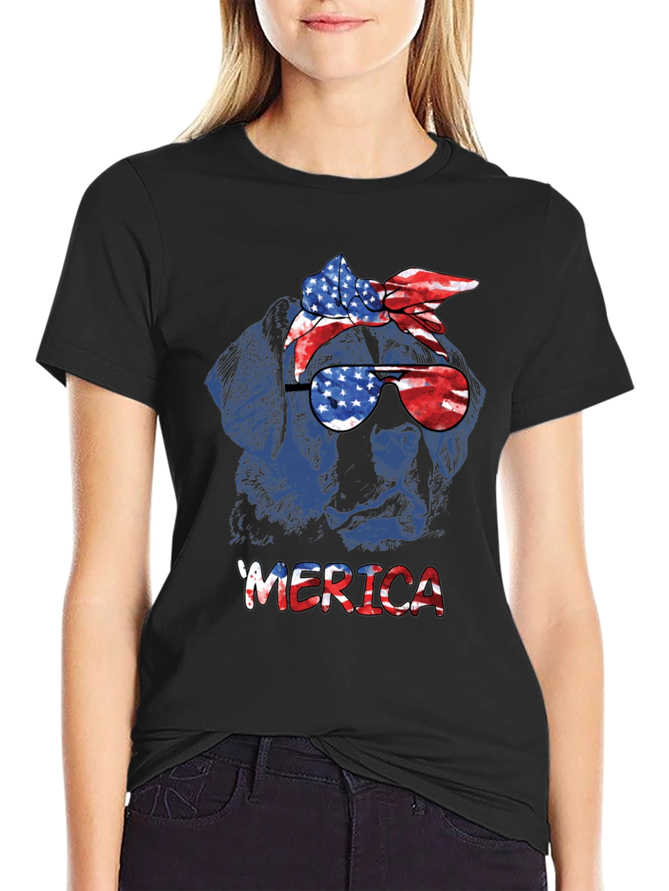 Patriotic Dog T-Shirt - American Flag Bandana & Glasses