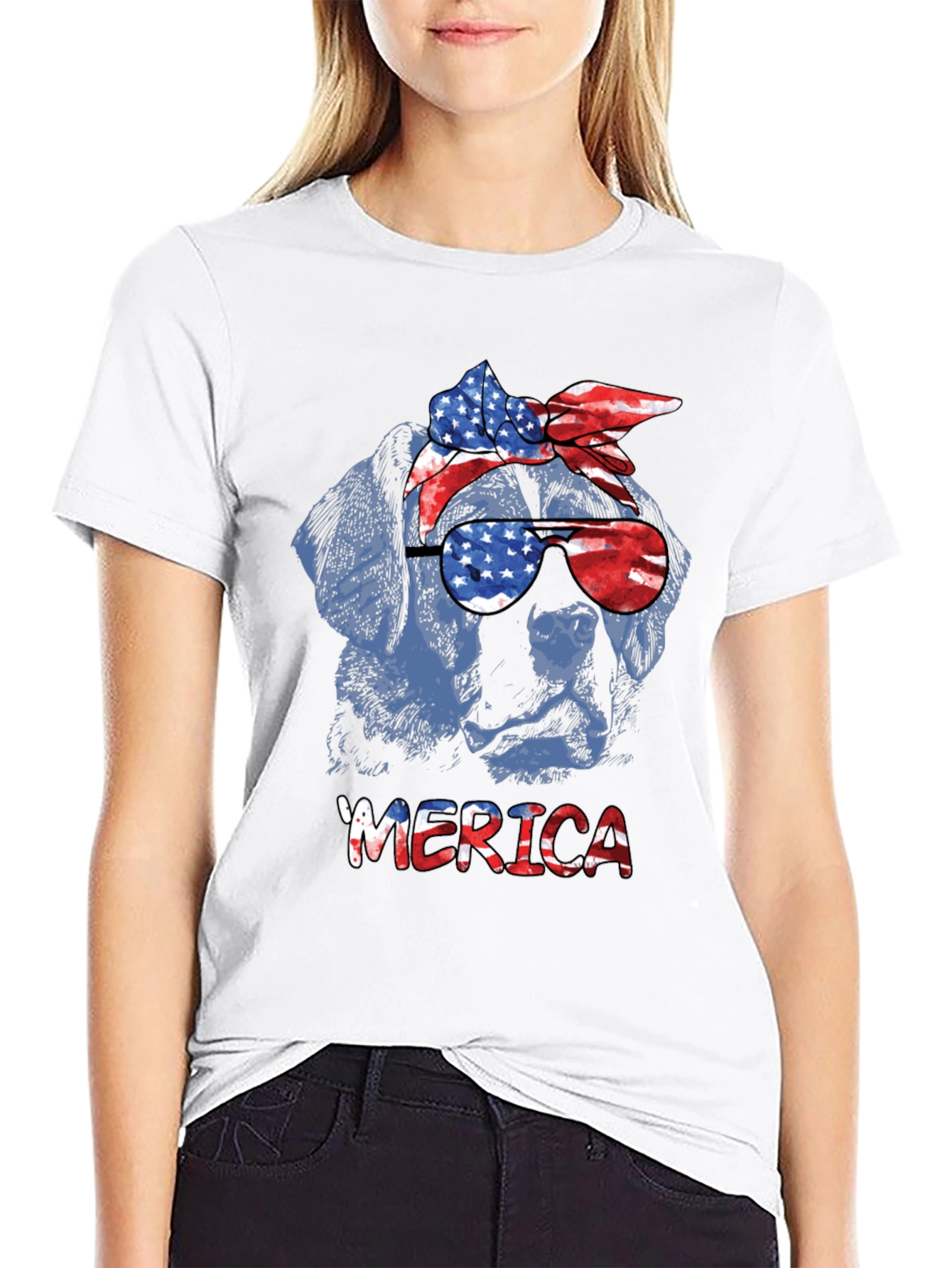 Patriotic Dog T-Shirt - American Flag Bandana & Glasses