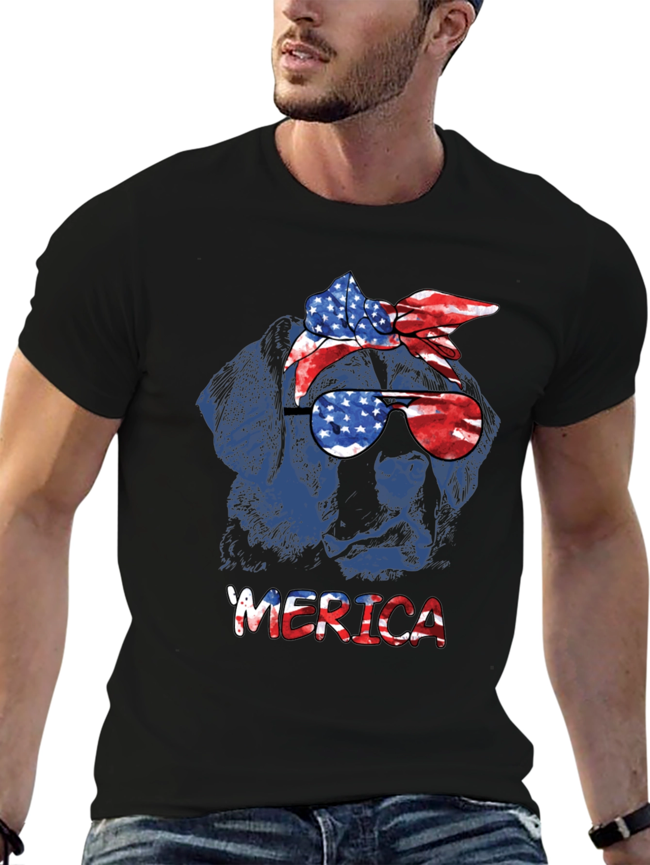 Patriotic Dog T-Shirt - American Flag Bandana & Glasses