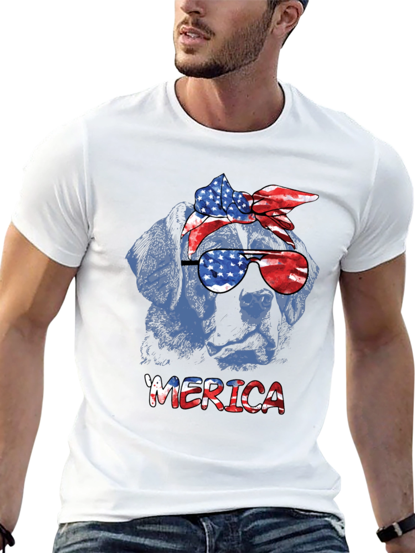 Patriotic Dog T-Shirt - American Flag Bandana & Glasses