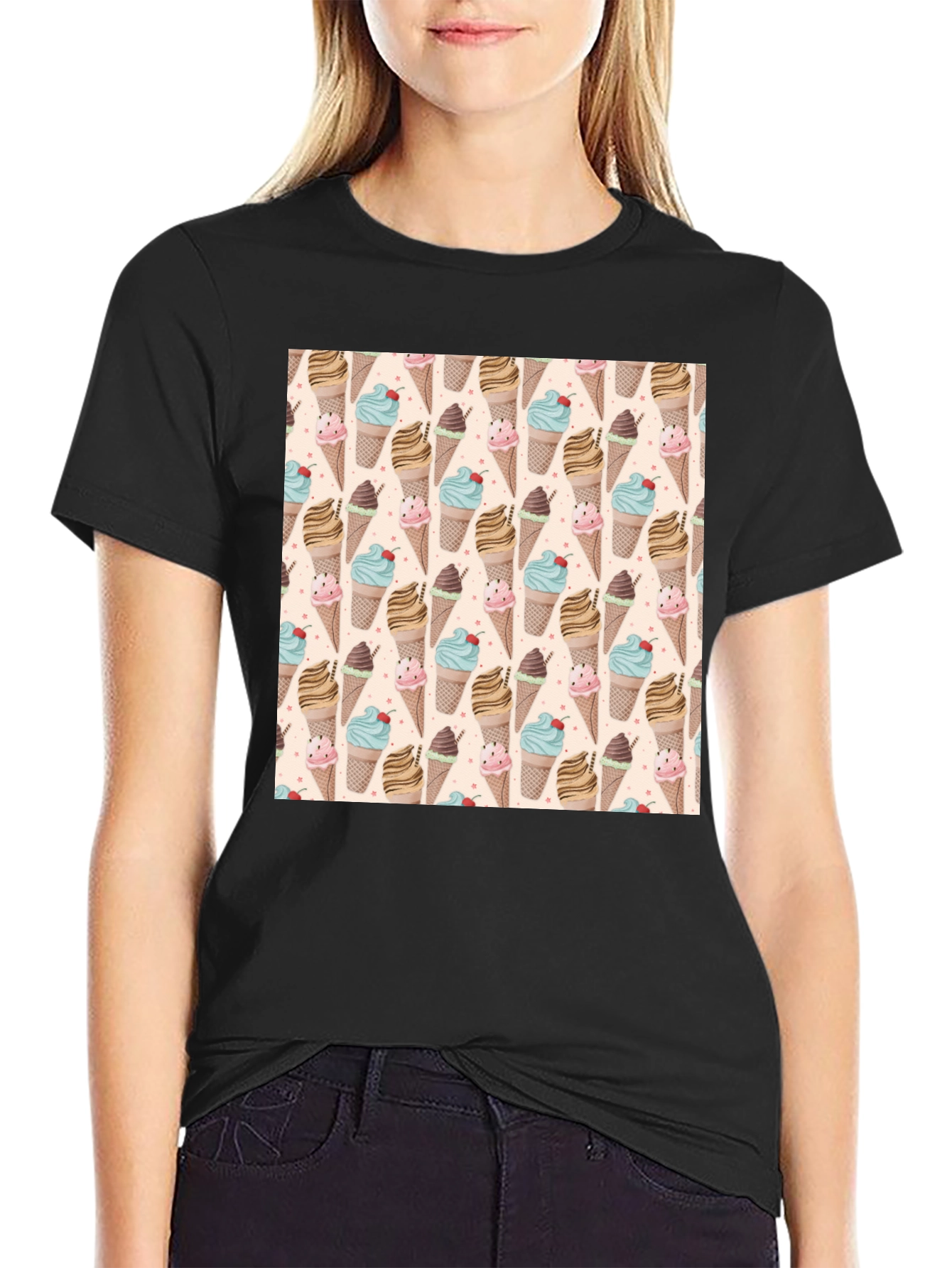 Fun Ice Cream Pattern Black T-Shirt
