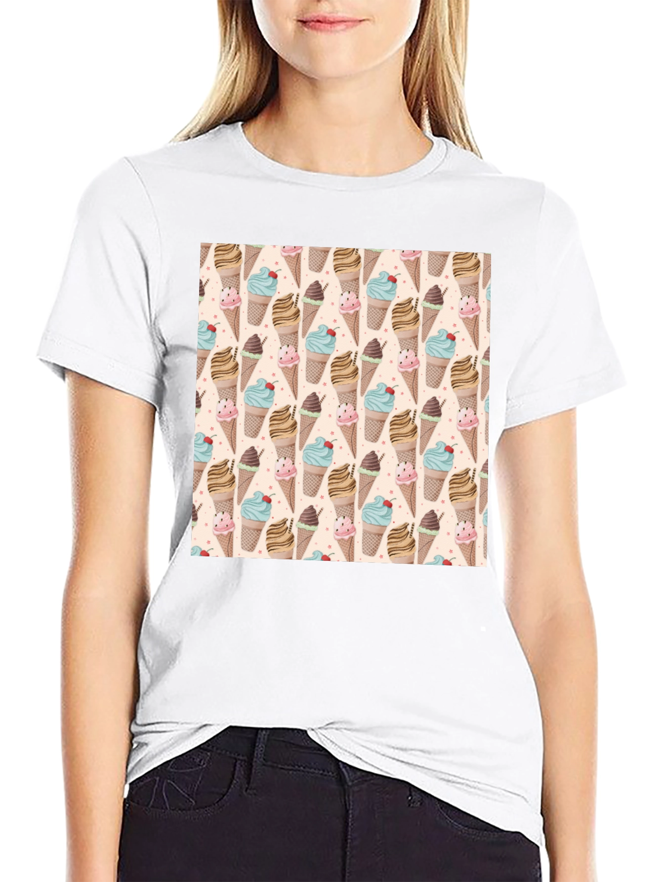 Fun Ice Cream Pattern Black T-Shirt