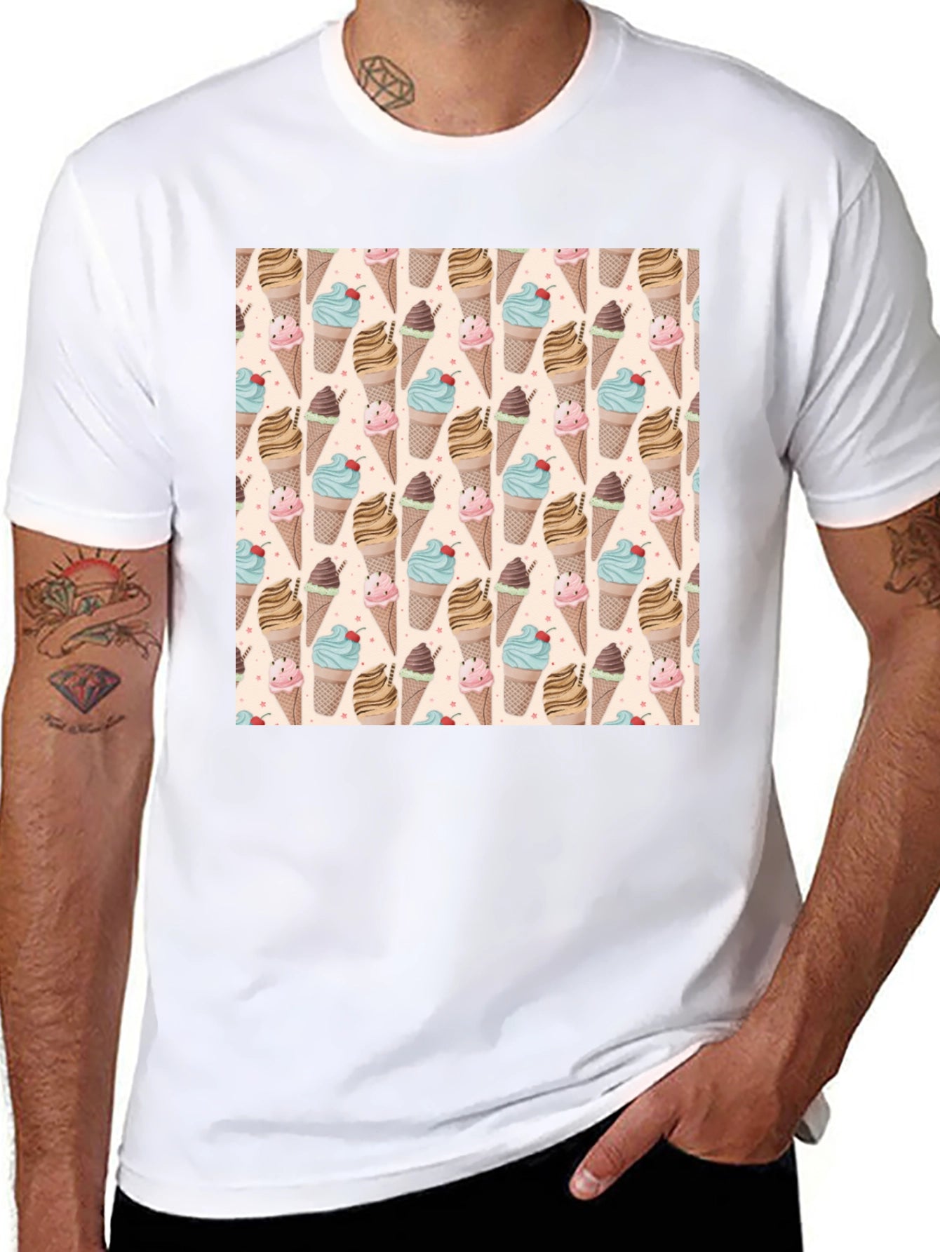 Fun Ice Cream Pattern Black T-Shirt