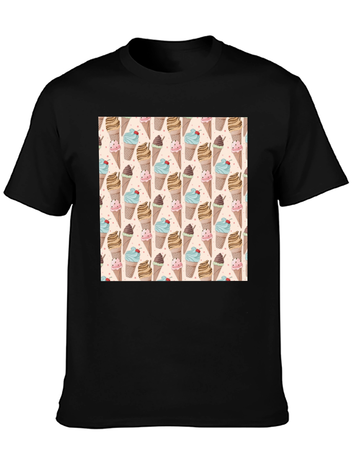 Fun Ice Cream Pattern Black T-Shirt