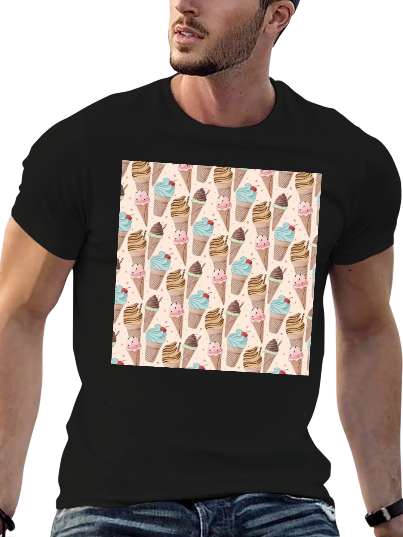 Fun Ice Cream Pattern Black T-Shirt