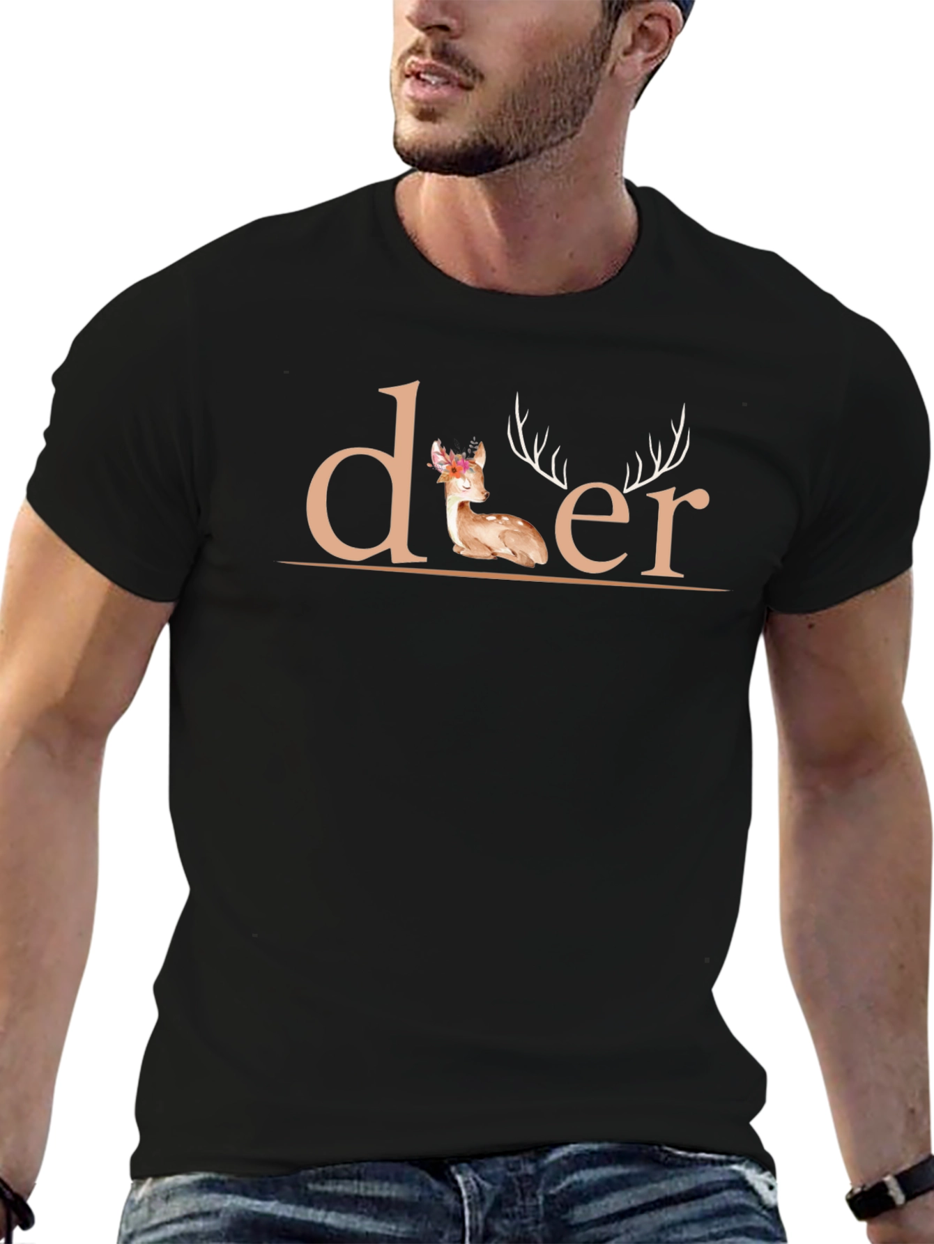 Deer Graphic Print Black T-Shirt