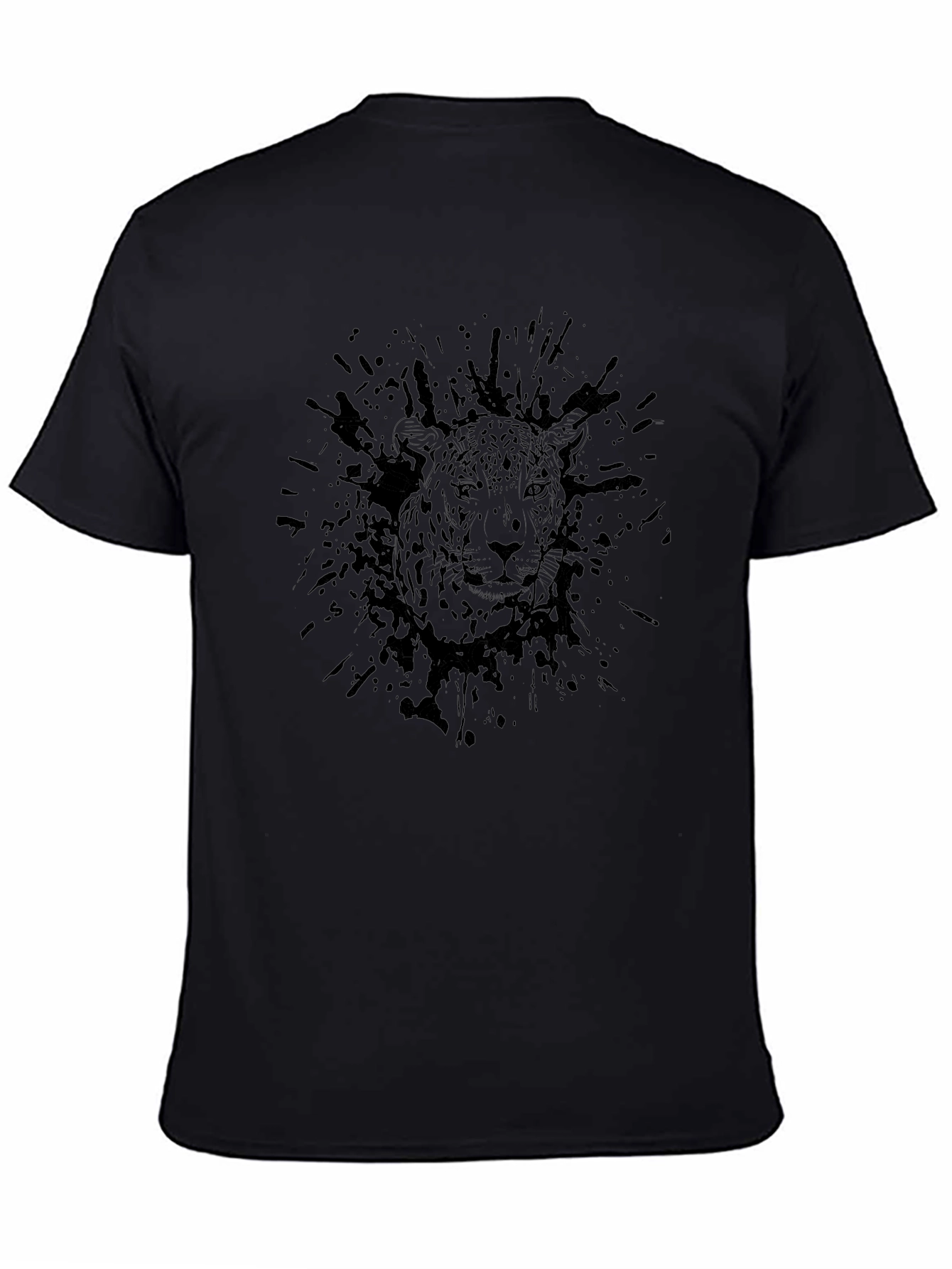 Mens Black Graphic Tee - Leopard Ink Splatter Design