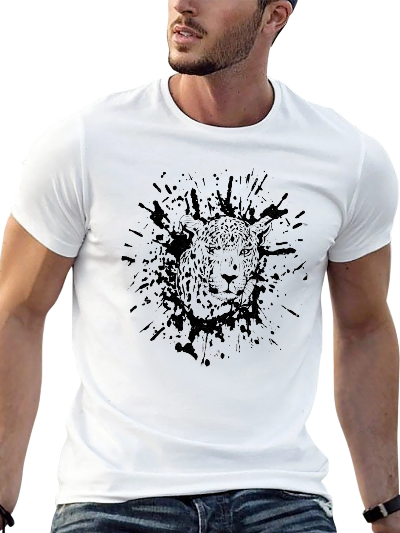 Mens Black Graphic Tee - Leopard Ink Splatter Design