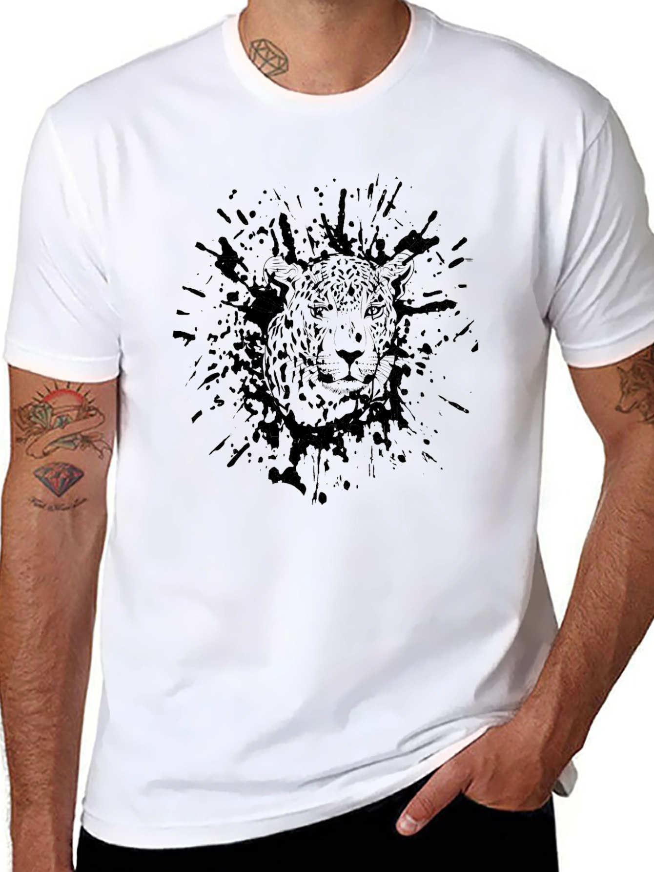 Mens Black Graphic Tee - Leopard Ink Splatter Design