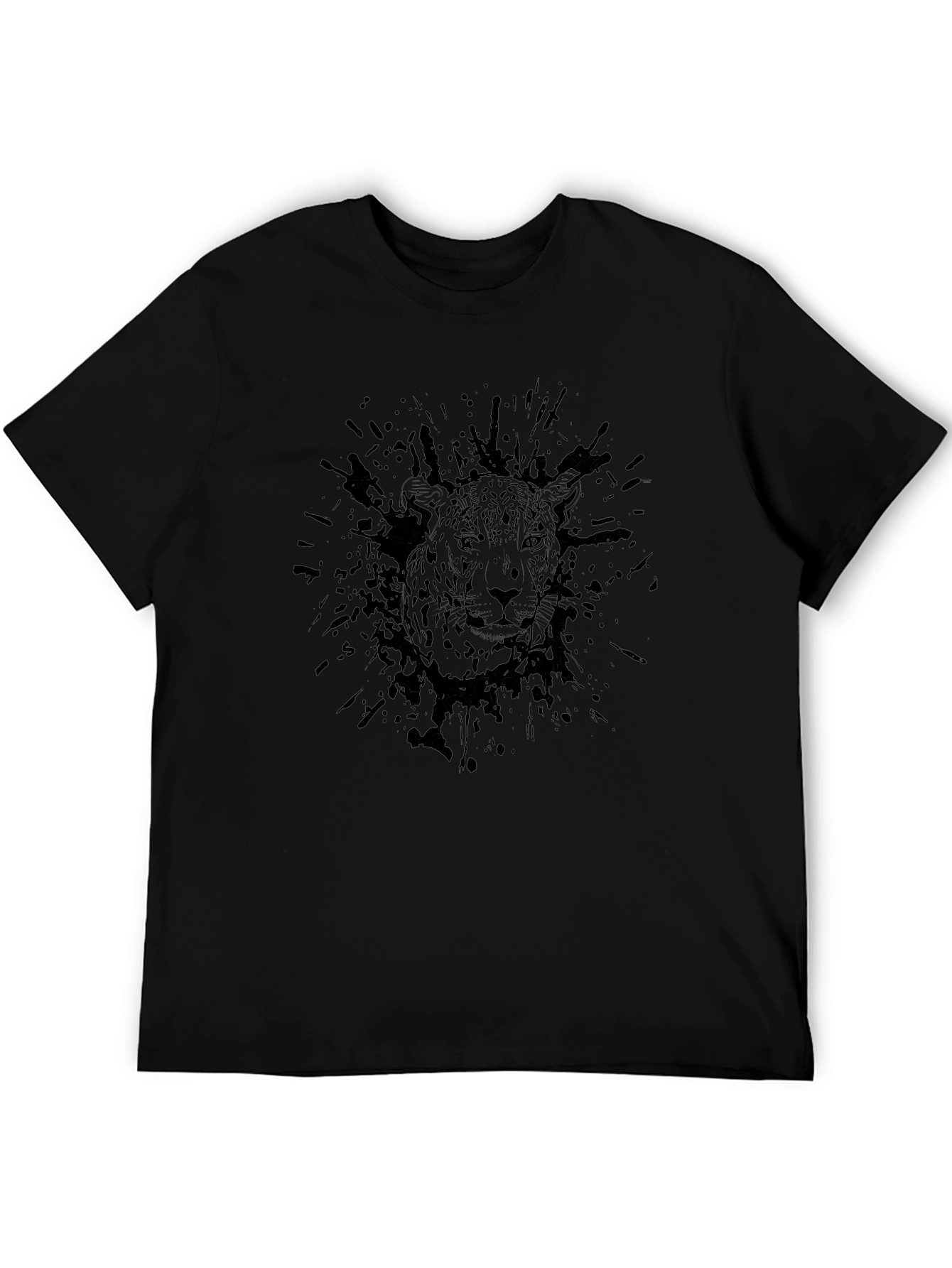 Mens Black Graphic Tee - Leopard Ink Splatter Design