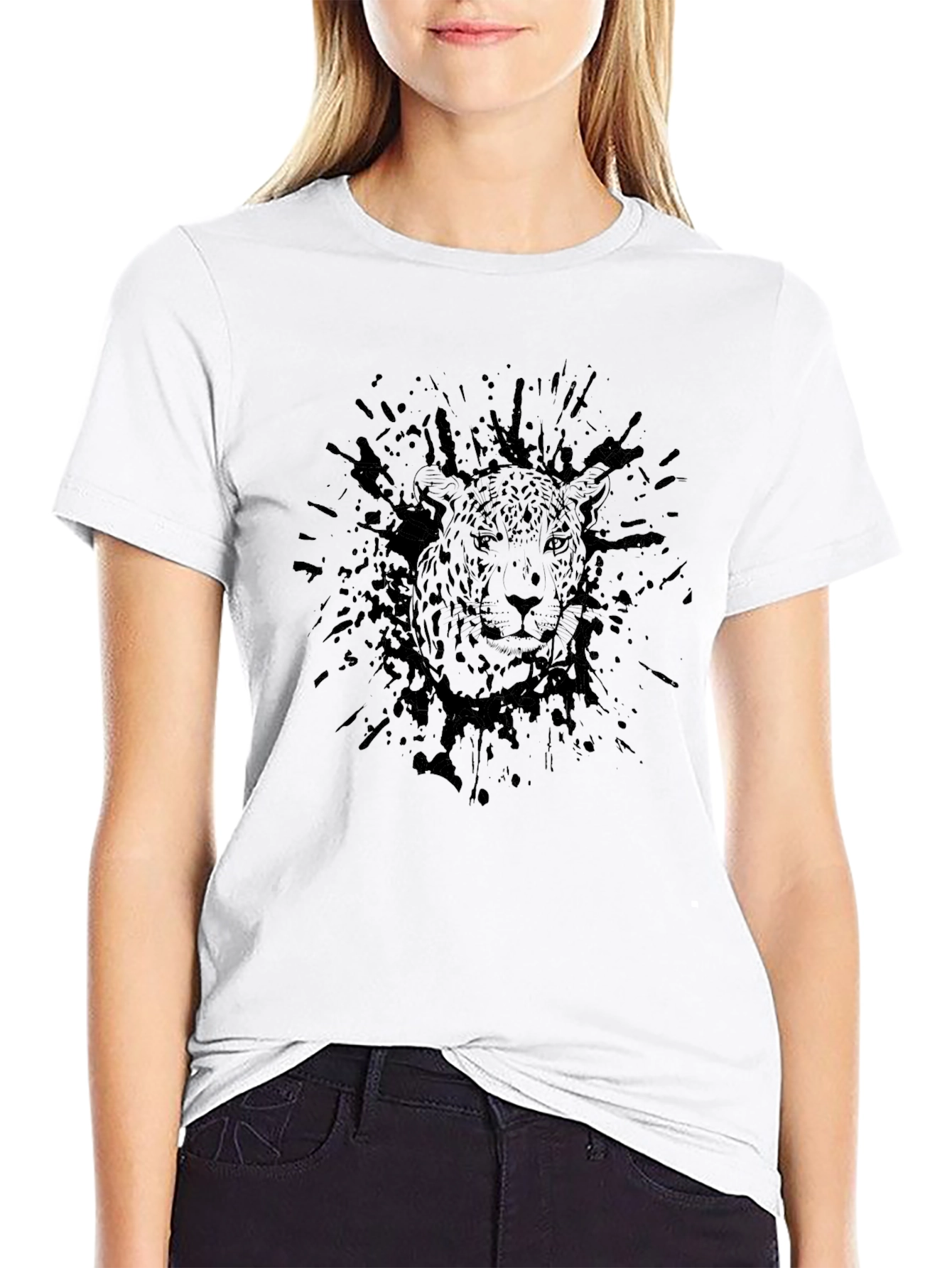 Mens Black Graphic Tee - Leopard Ink Splatter Design
