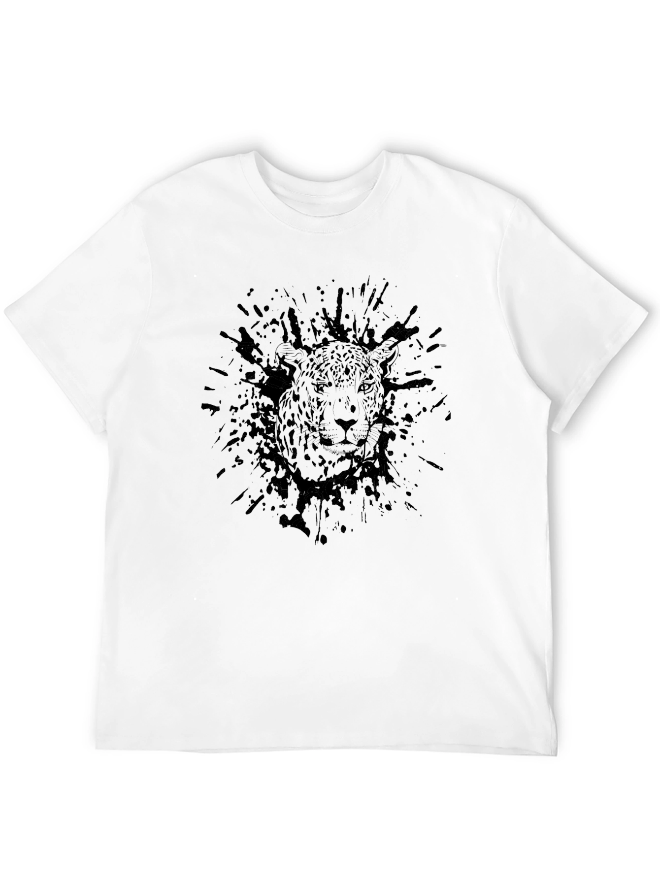 Mens Black Graphic Tee - Leopard Ink Splatter Design