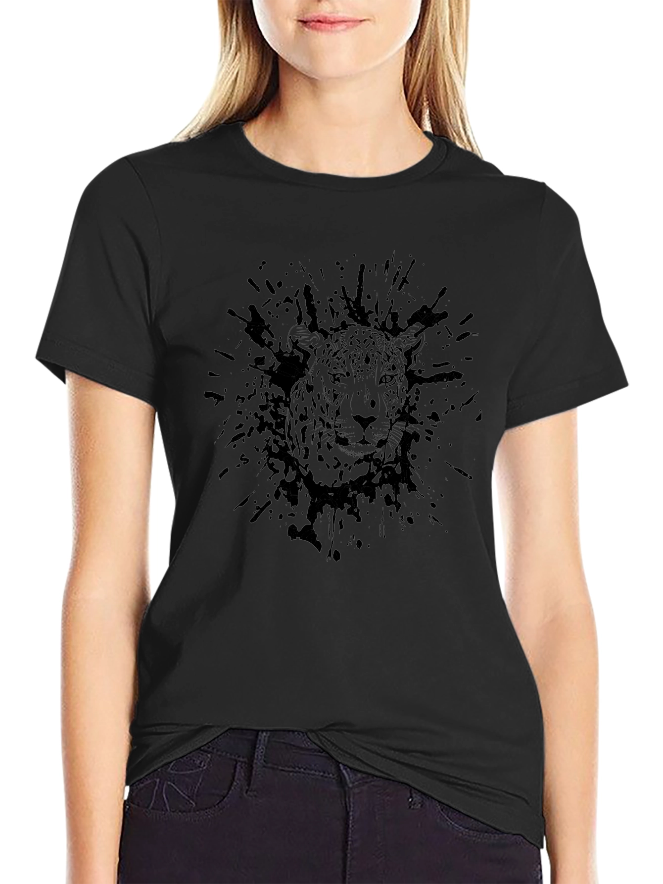 Mens Black Graphic Tee - Leopard Ink Splatter Design