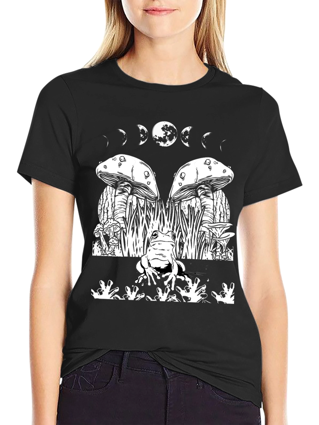 Mystic Frog Tee: Mushroom & Moon Phase Design
