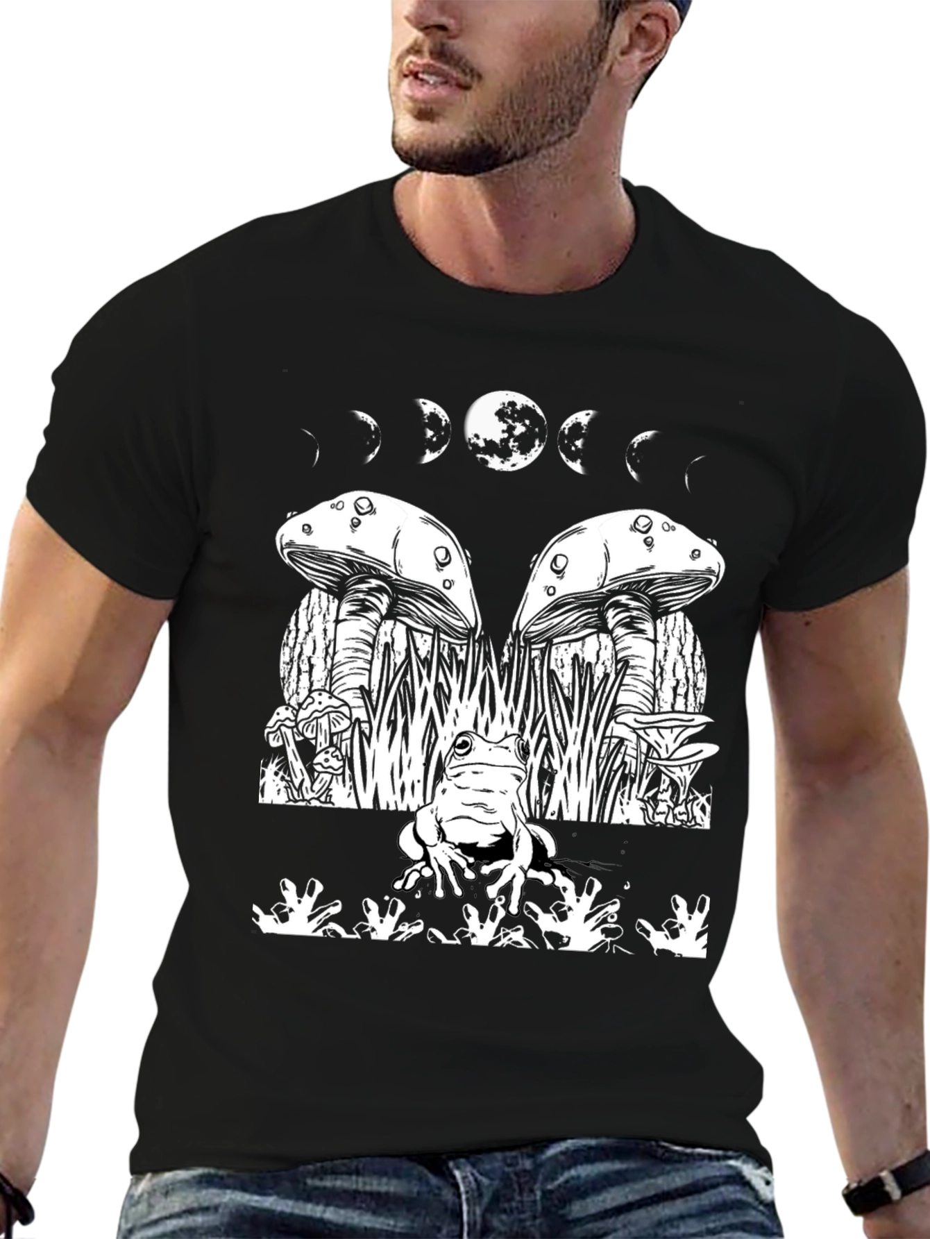 Mystic Frog Tee: Mushroom & Moon Phase Design