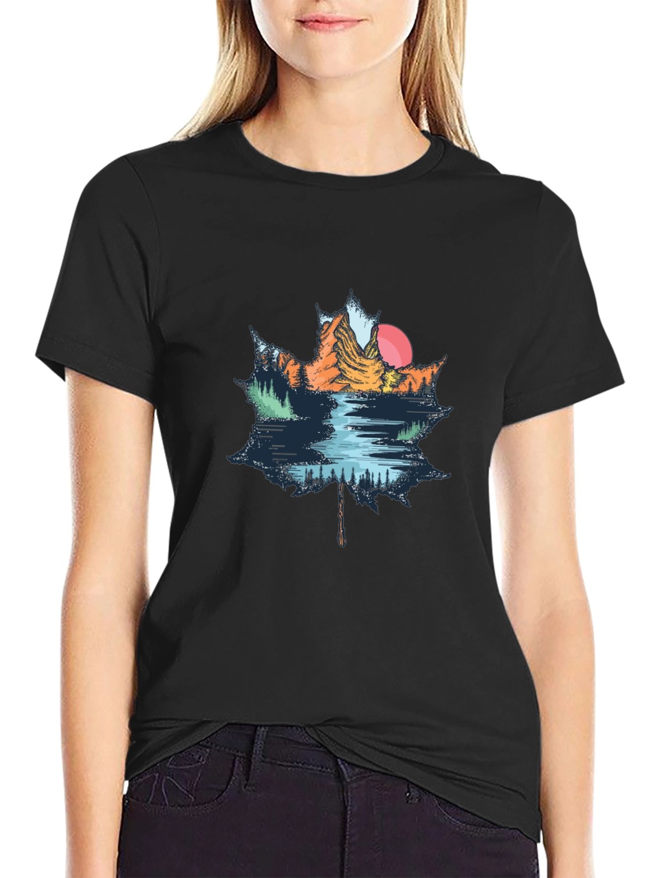 Maple Leaf Mountain Scene Graphic T-Shirt