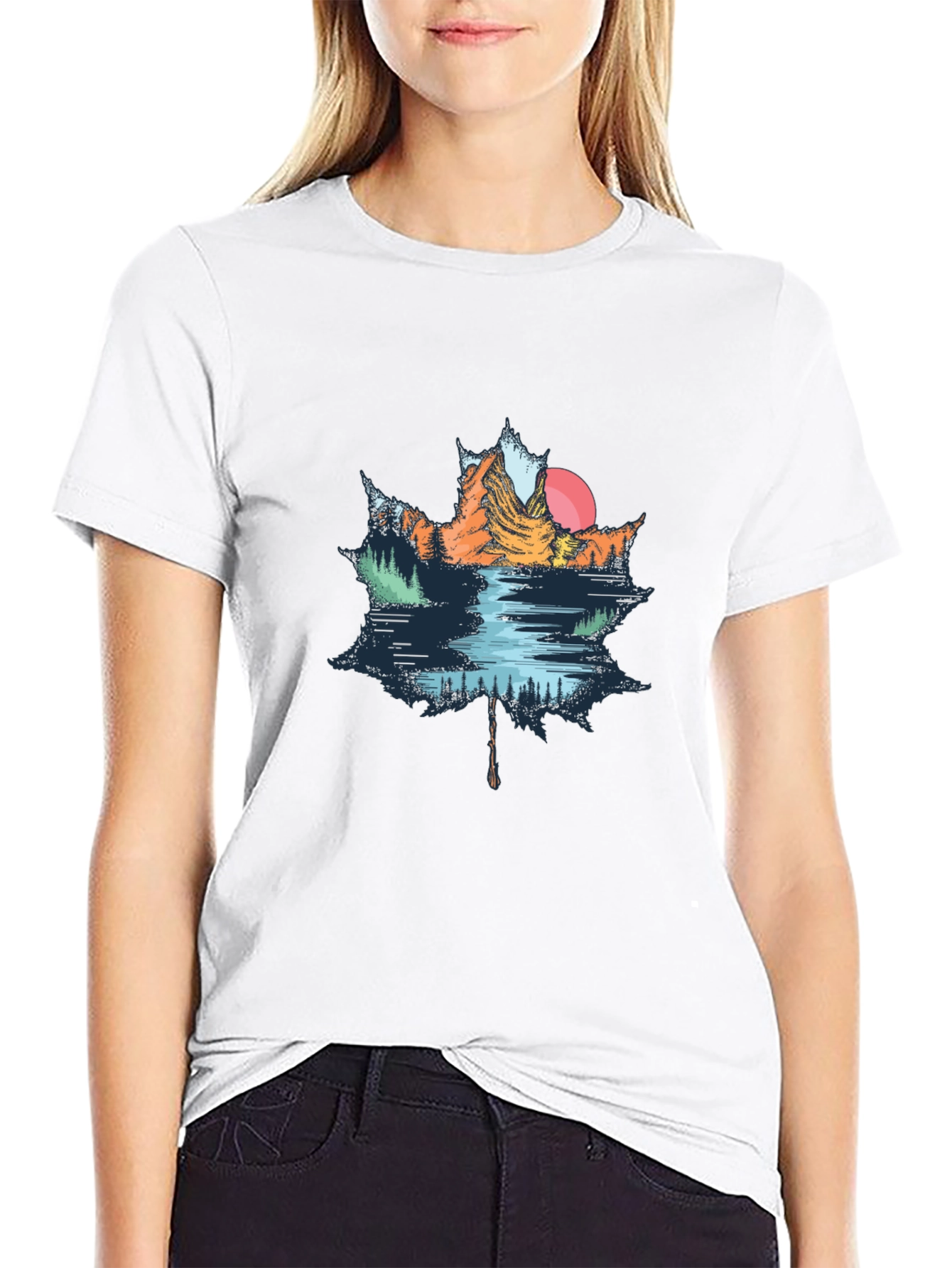 Maple Leaf Mountain Scene Graphic T-Shirt