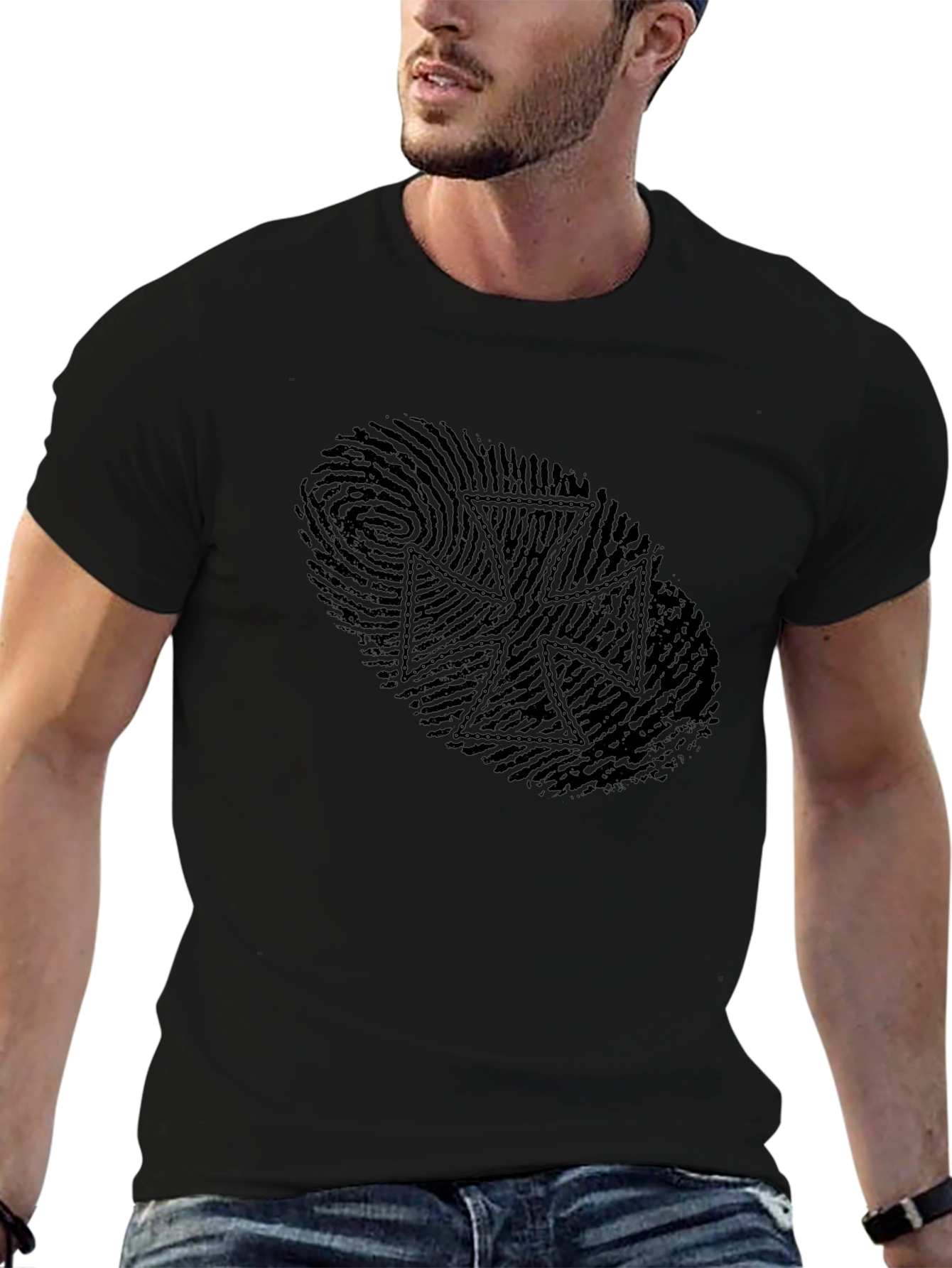 Fingerprint Iron Cross Graphic Tee - Sleek Black Design