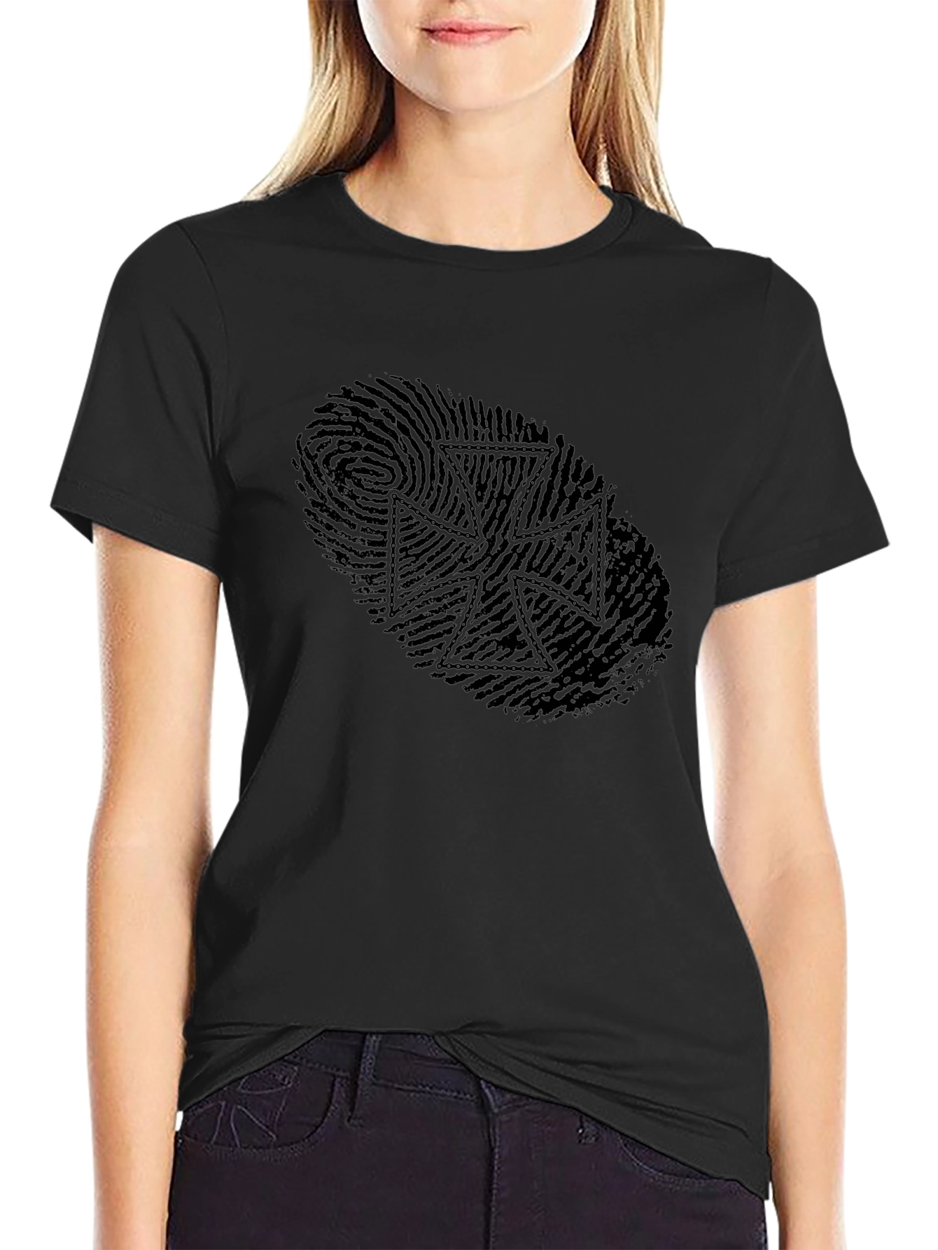 Fingerprint Iron Cross Graphic Tee - Sleek Black Design