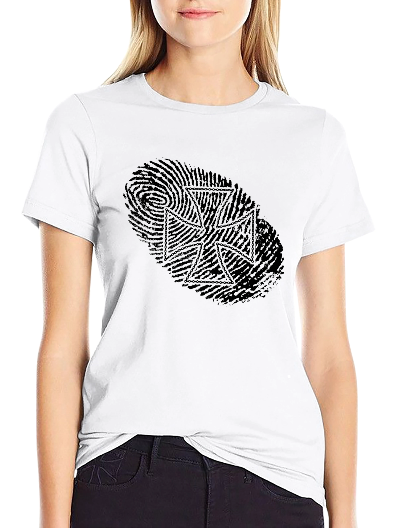 Fingerprint Iron Cross Graphic Tee - Sleek Black Design