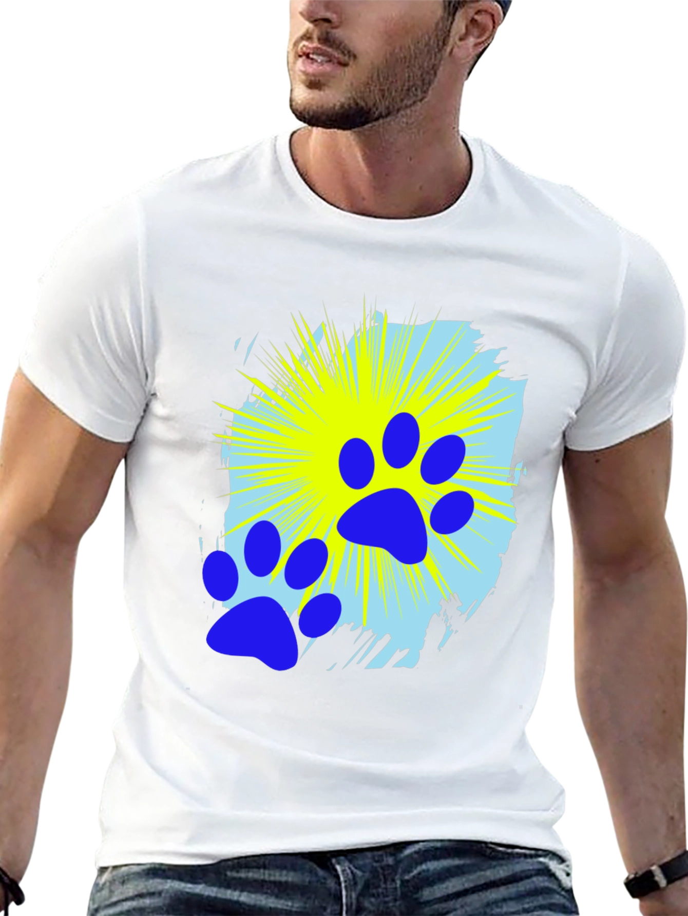 Blue Paw Print Graphic Black T-Shirt