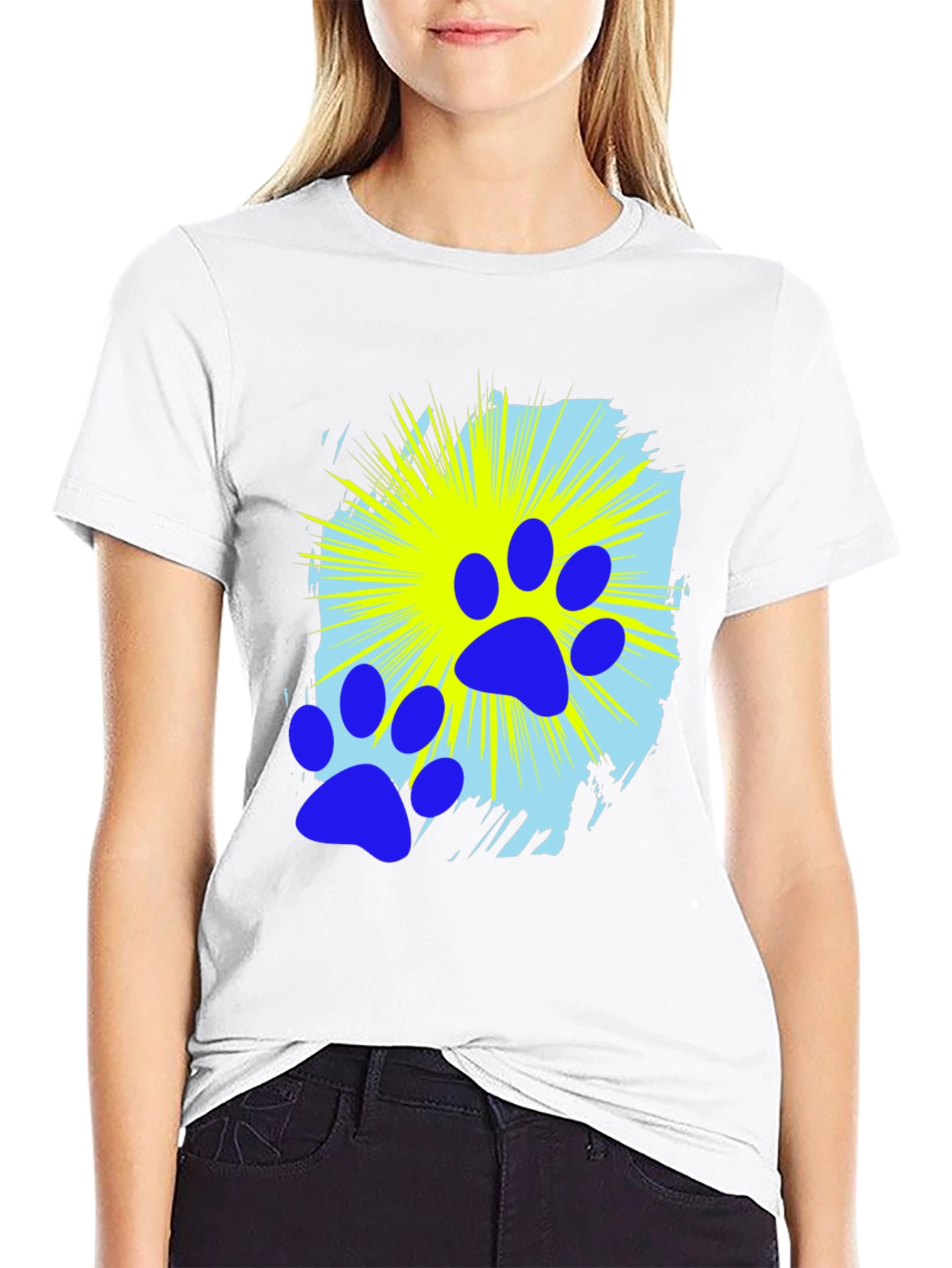 Blue Paw Print Graphic Black T-Shirt