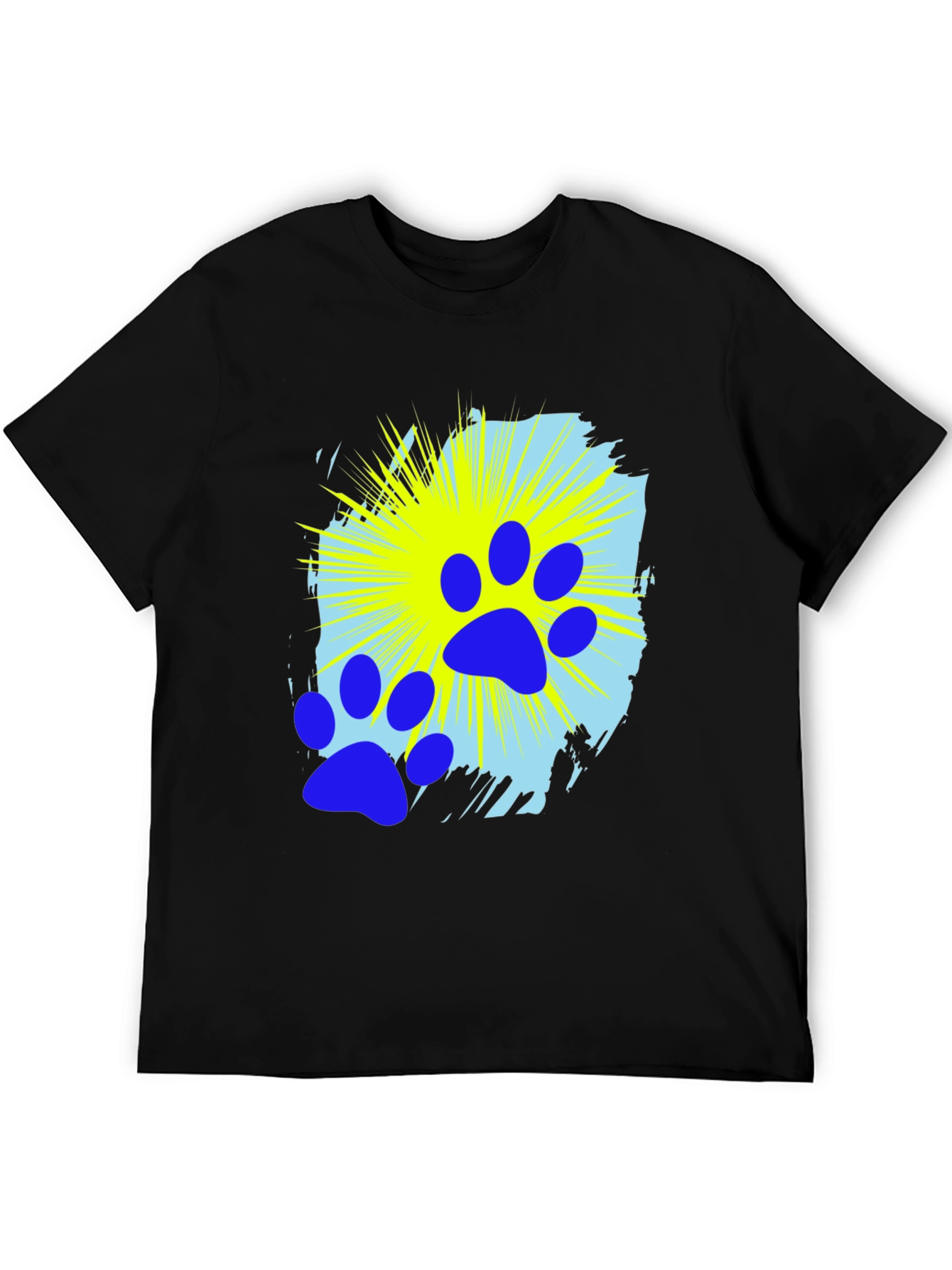Blue Paw Print Graphic Black T-Shirt