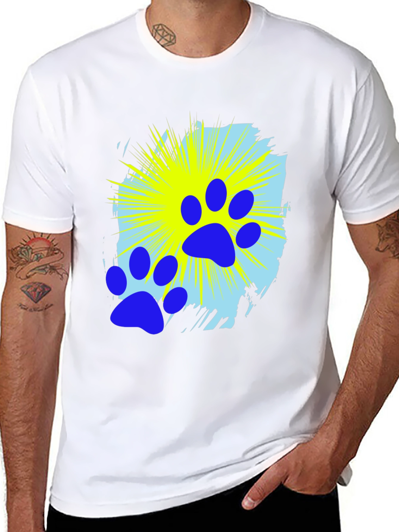Blue Paw Print Graphic Black T-Shirt