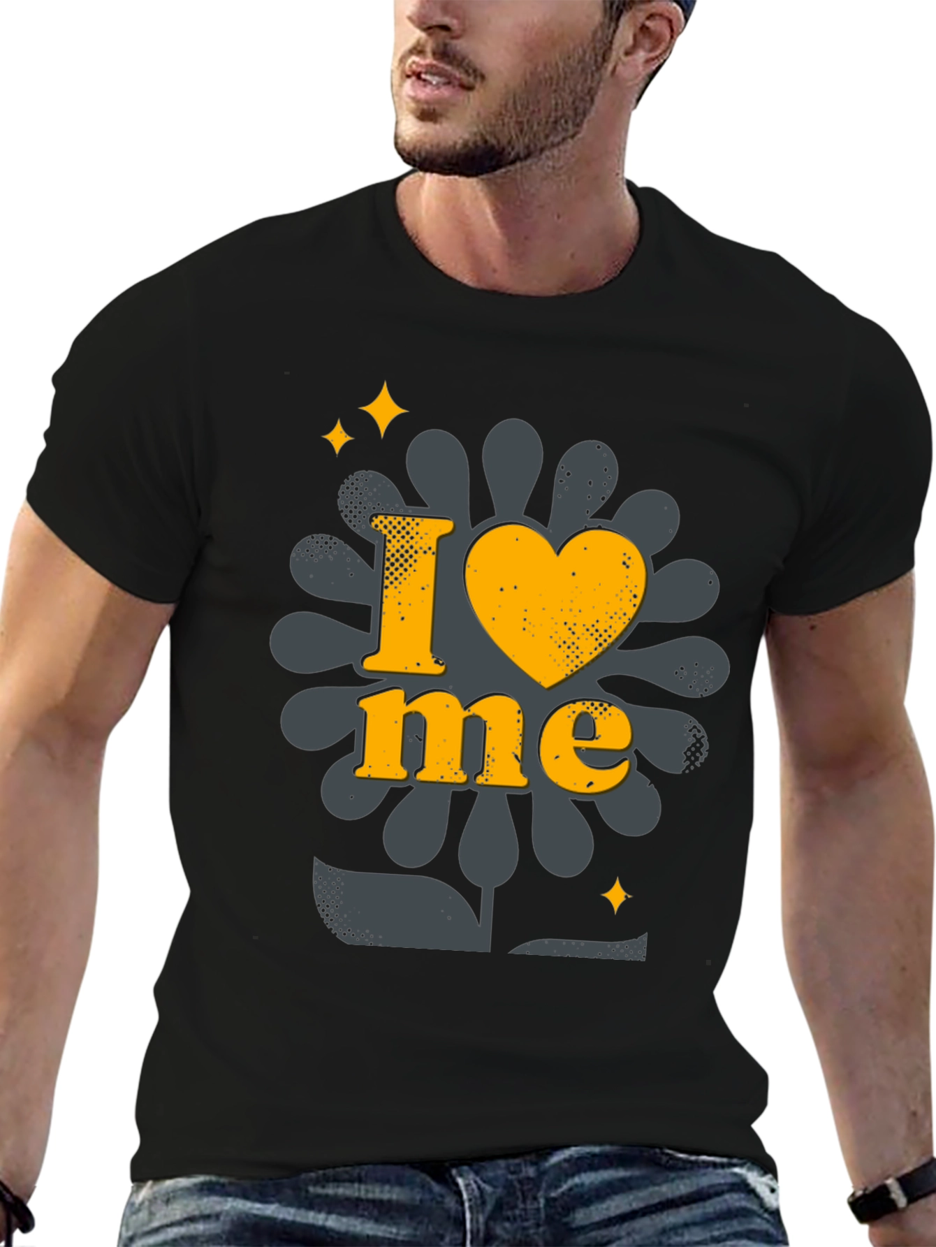 I Love Me Black T-Shirt with Floral Design