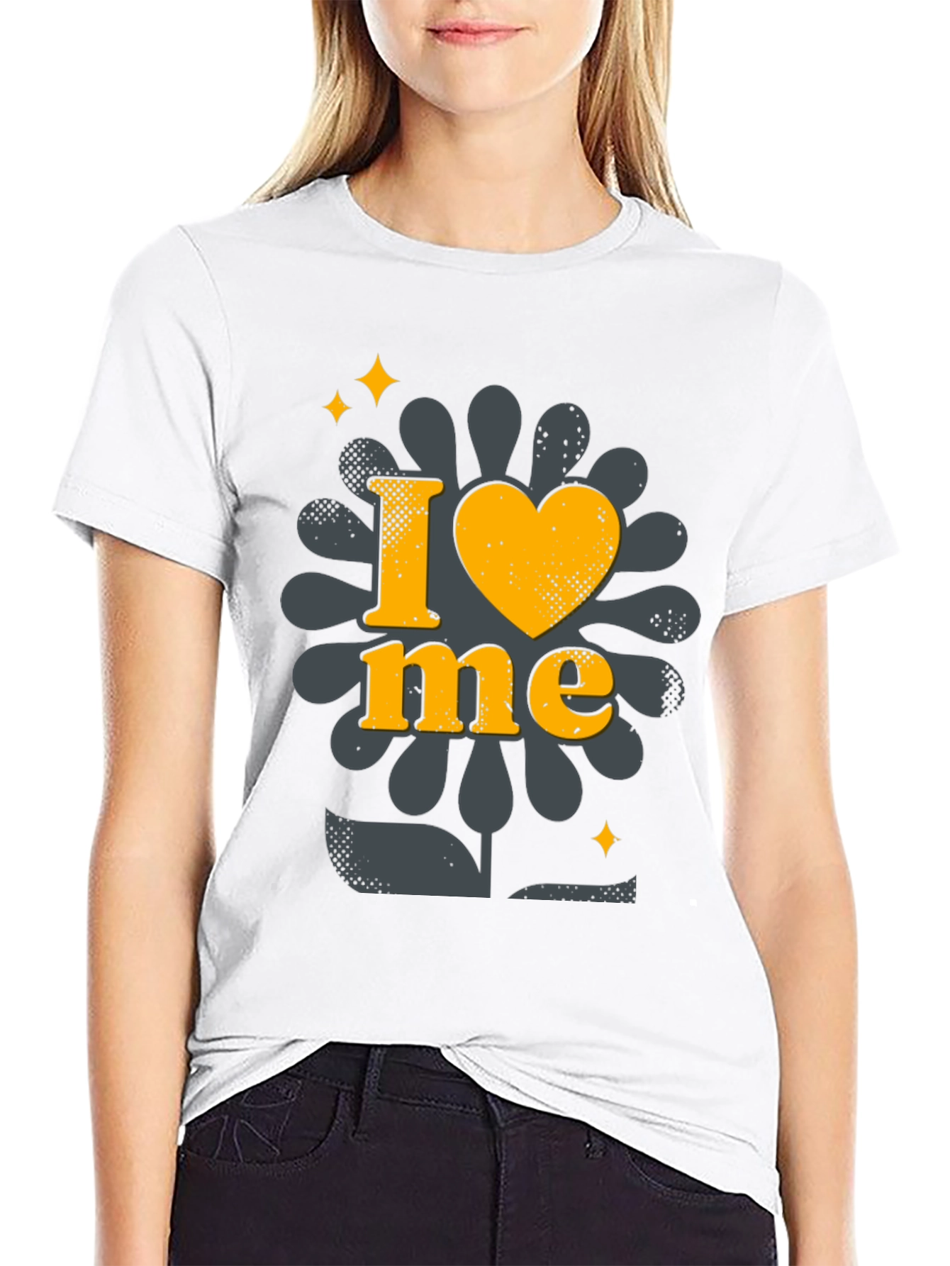 I Love Me Black T-Shirt with Floral Design